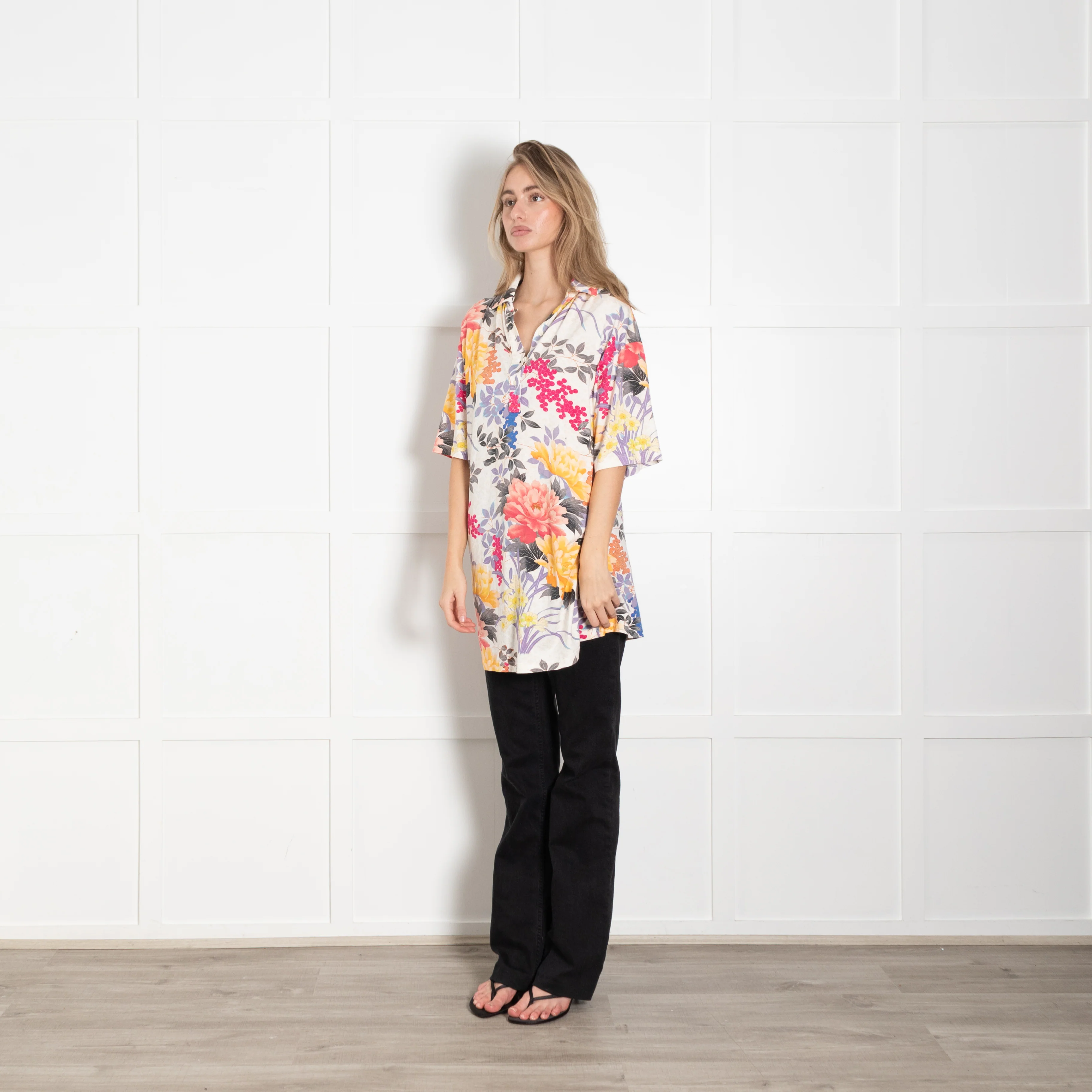 Etro Cream Multicolour Floral Short Sleeve Cotton Top - Image 3