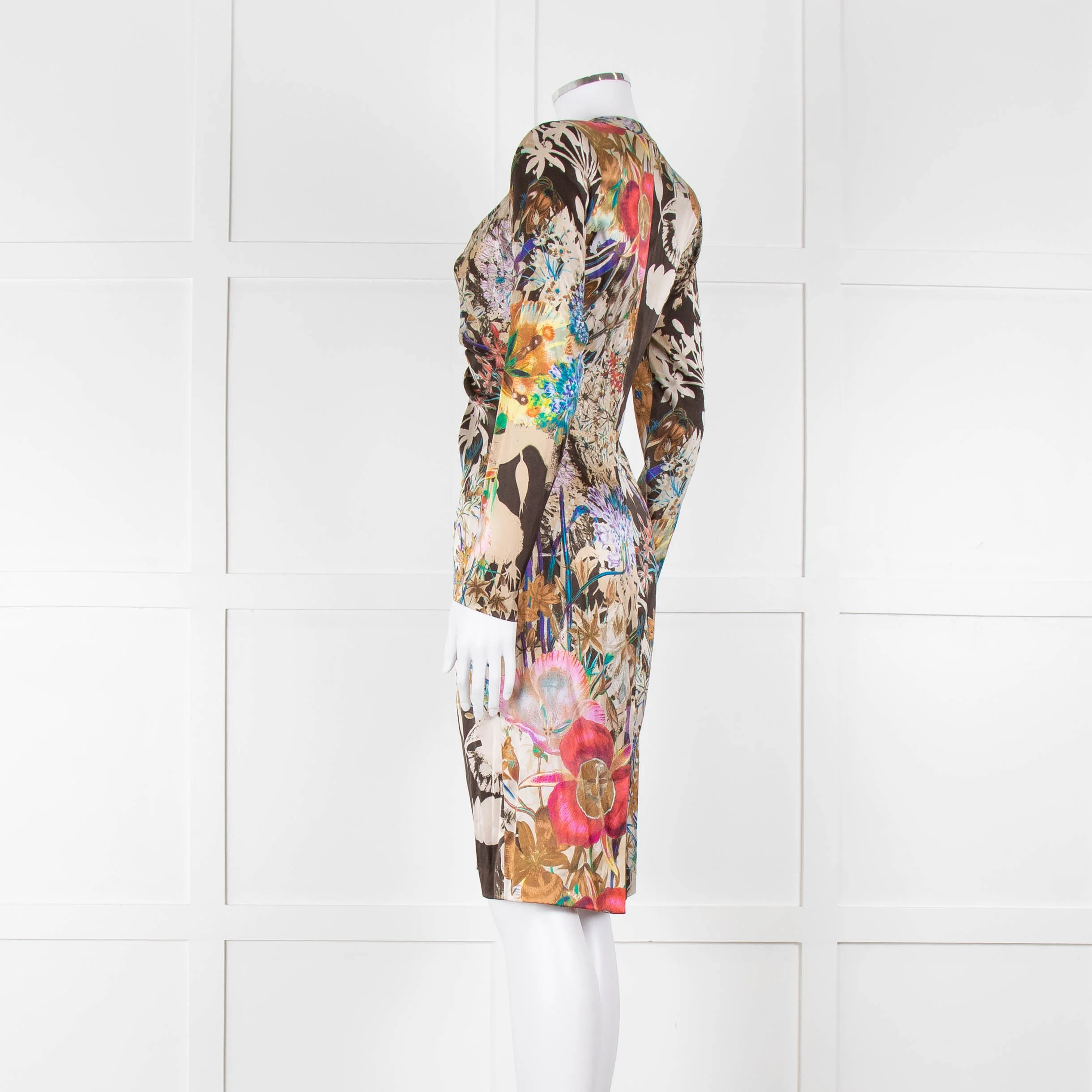 Etro Khaki Red Pink Floral Silk Long Sleeve Dress - Image 6