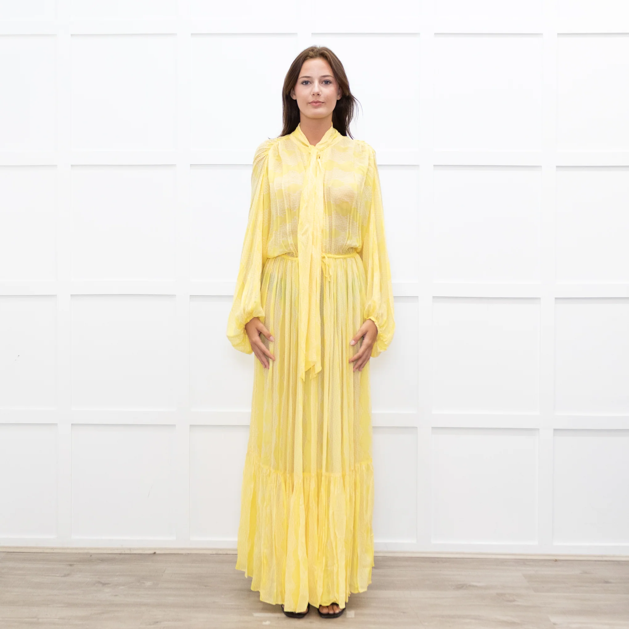 Everae Yellow Open Back Pattern Sheer Maxi Dress