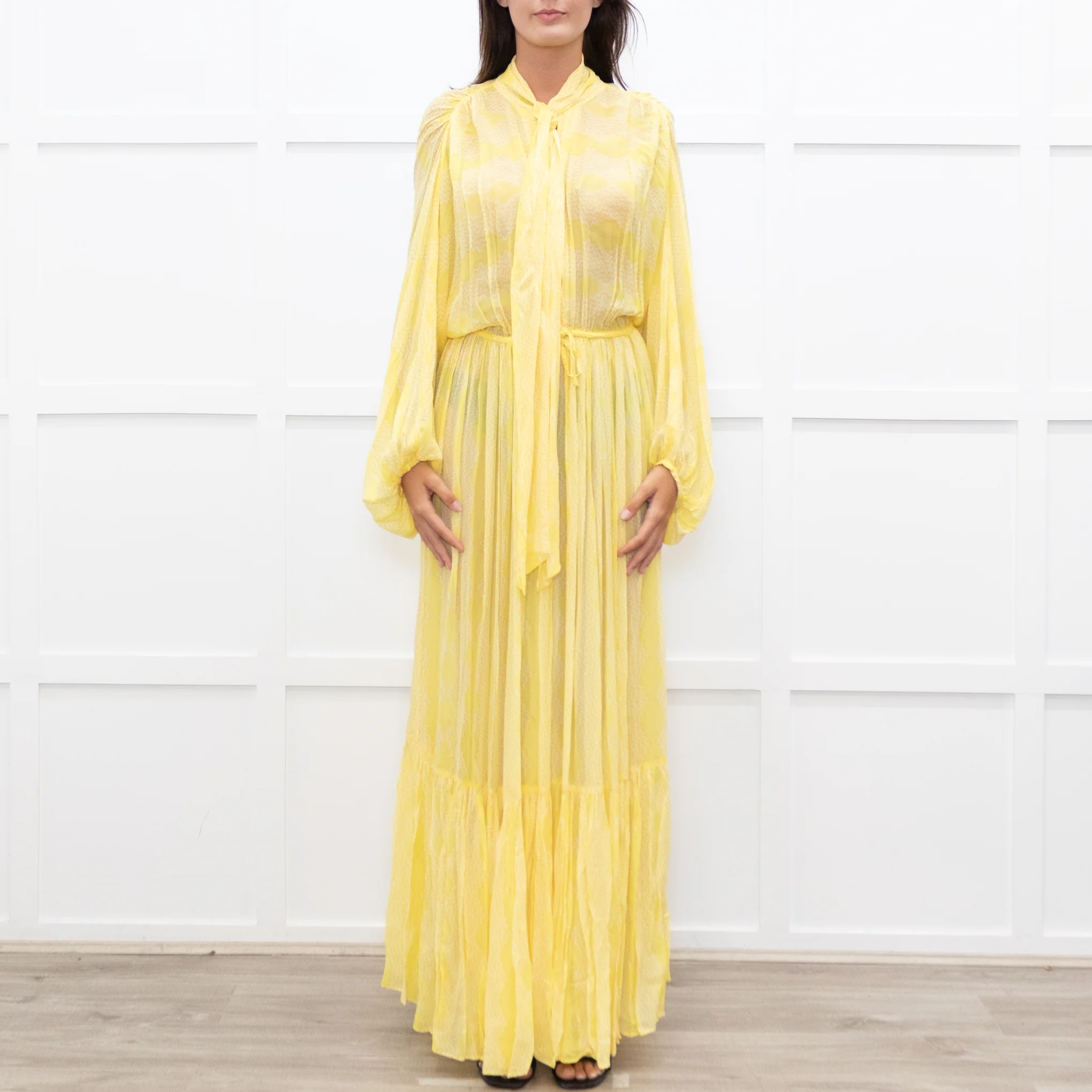 Everae Yellow Open Back Pattern Sheer Maxi Dress - Image 2
