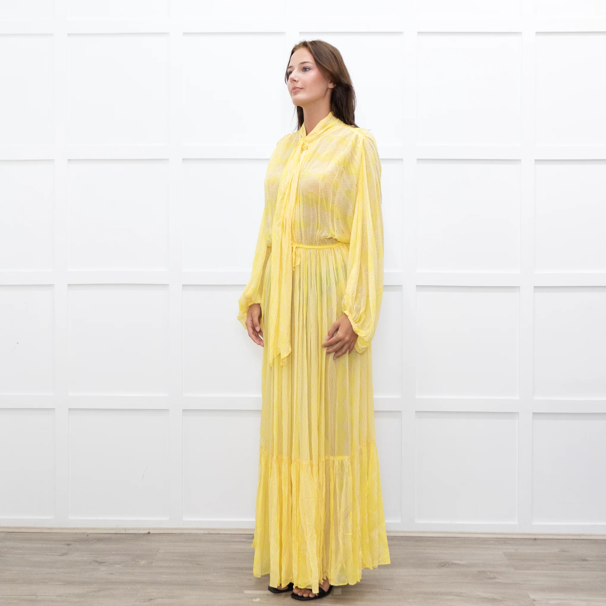 Everae Yellow Open Back Pattern Sheer Maxi Dress - Image 3
