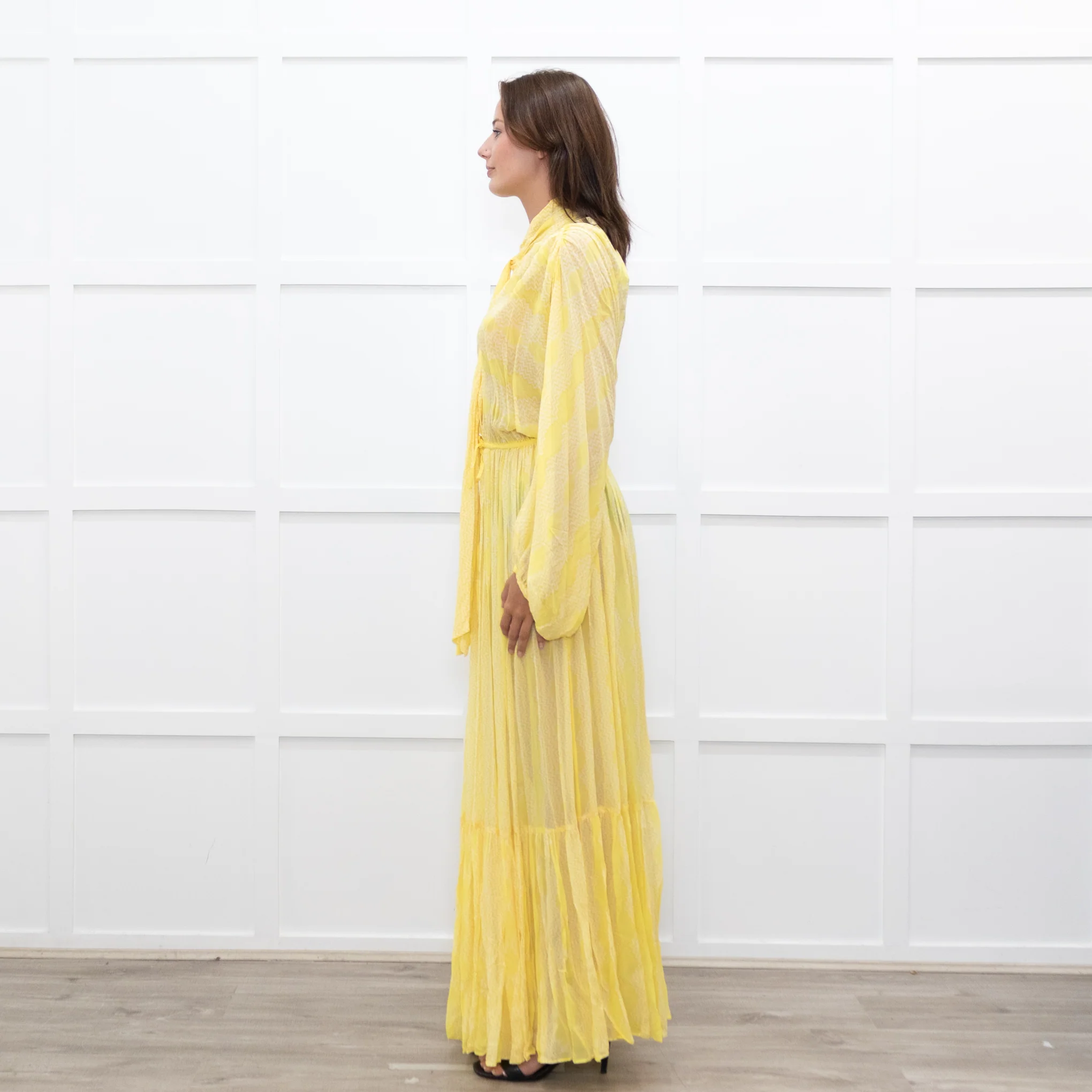 Everae Yellow Open Back Pattern Sheer Maxi Dress - Image 4