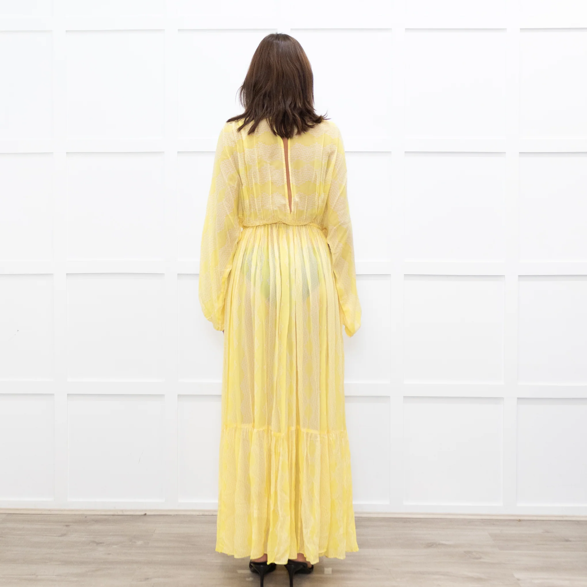 Everae Yellow Open Back Pattern Sheer Maxi Dress - Image 5