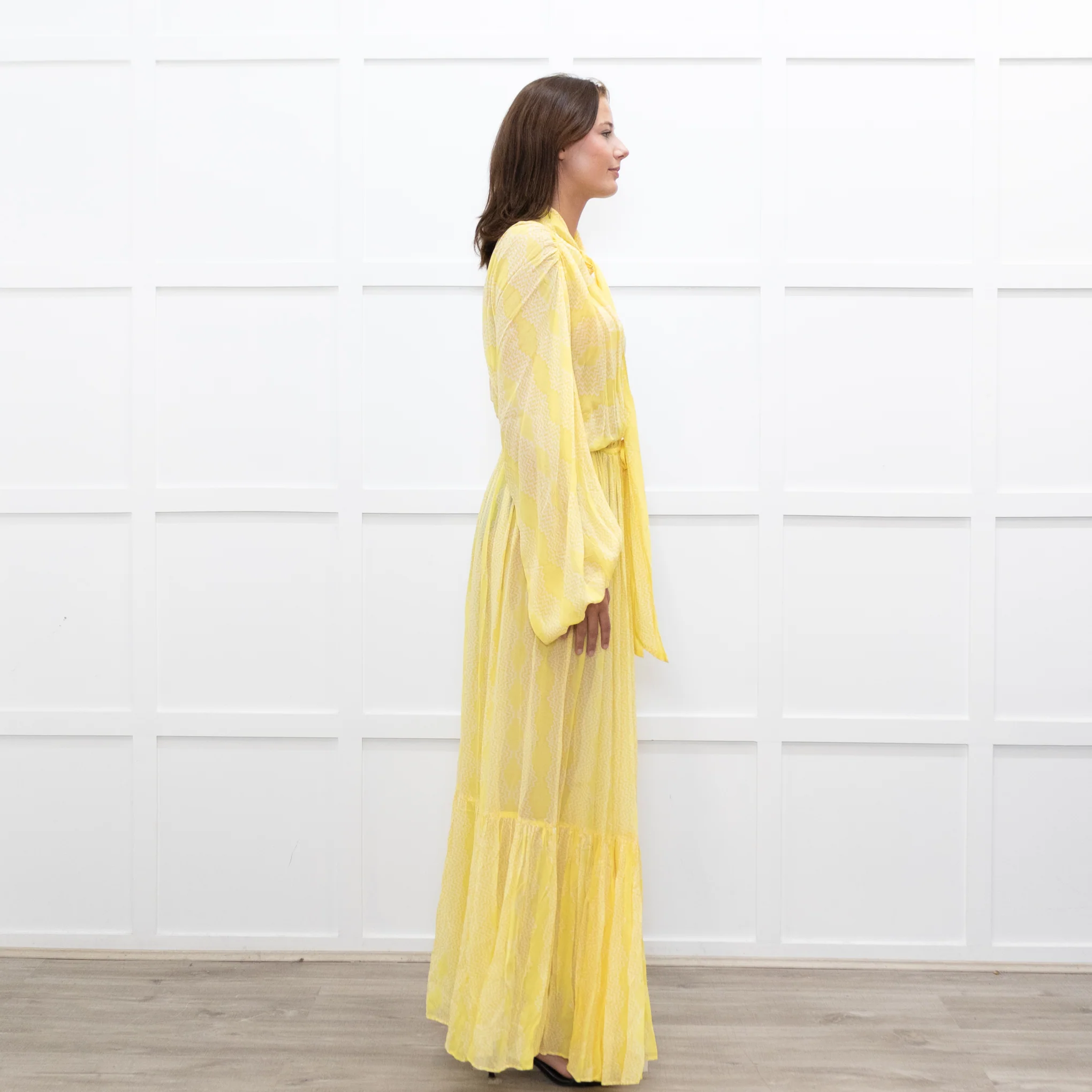 Everae Yellow Open Back Pattern Sheer Maxi Dress - Image 6