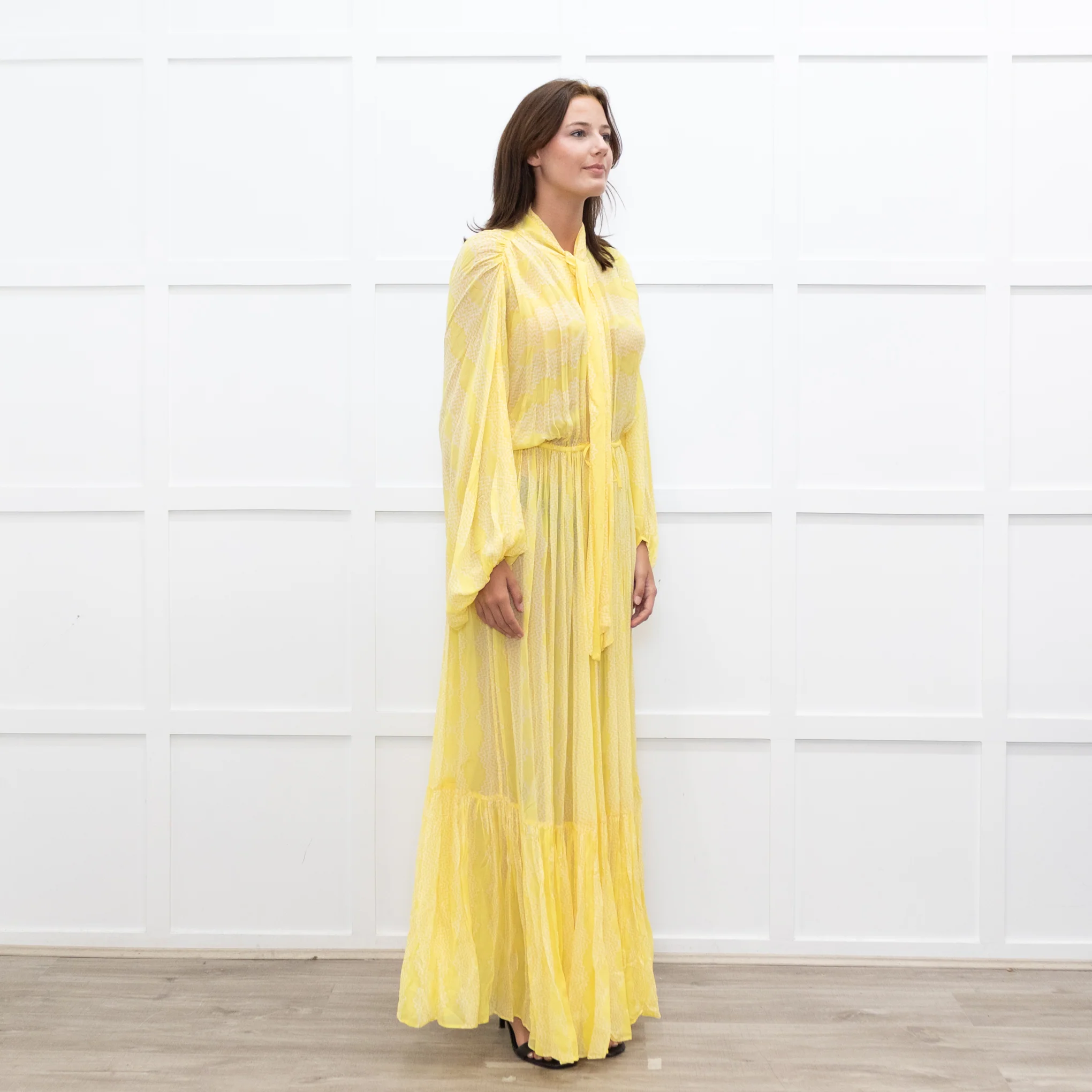 Everae Yellow Open Back Pattern Sheer Maxi Dress - Image 7