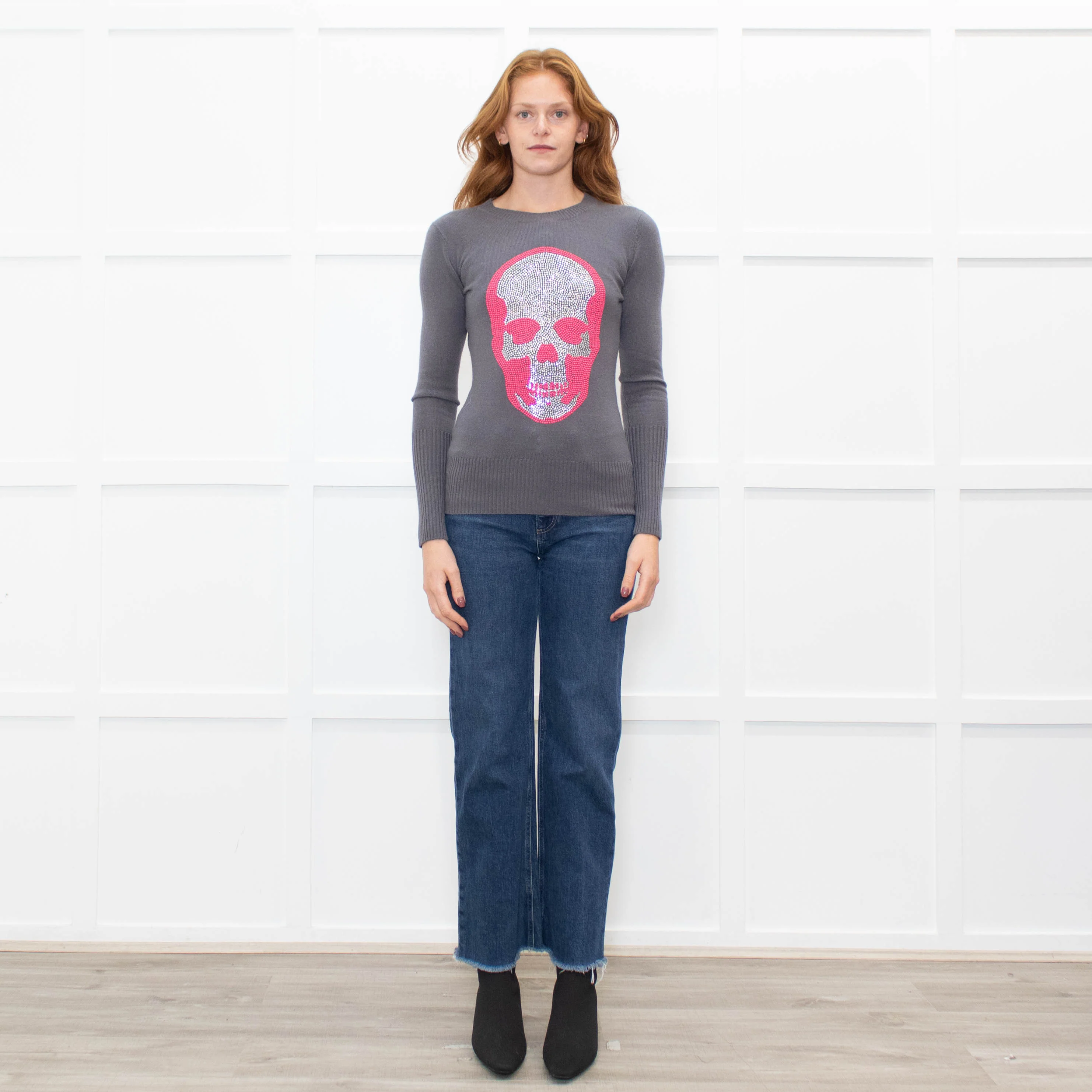 E.vil Grey Pink Sliver Diamante Skull Cashmere Jumper