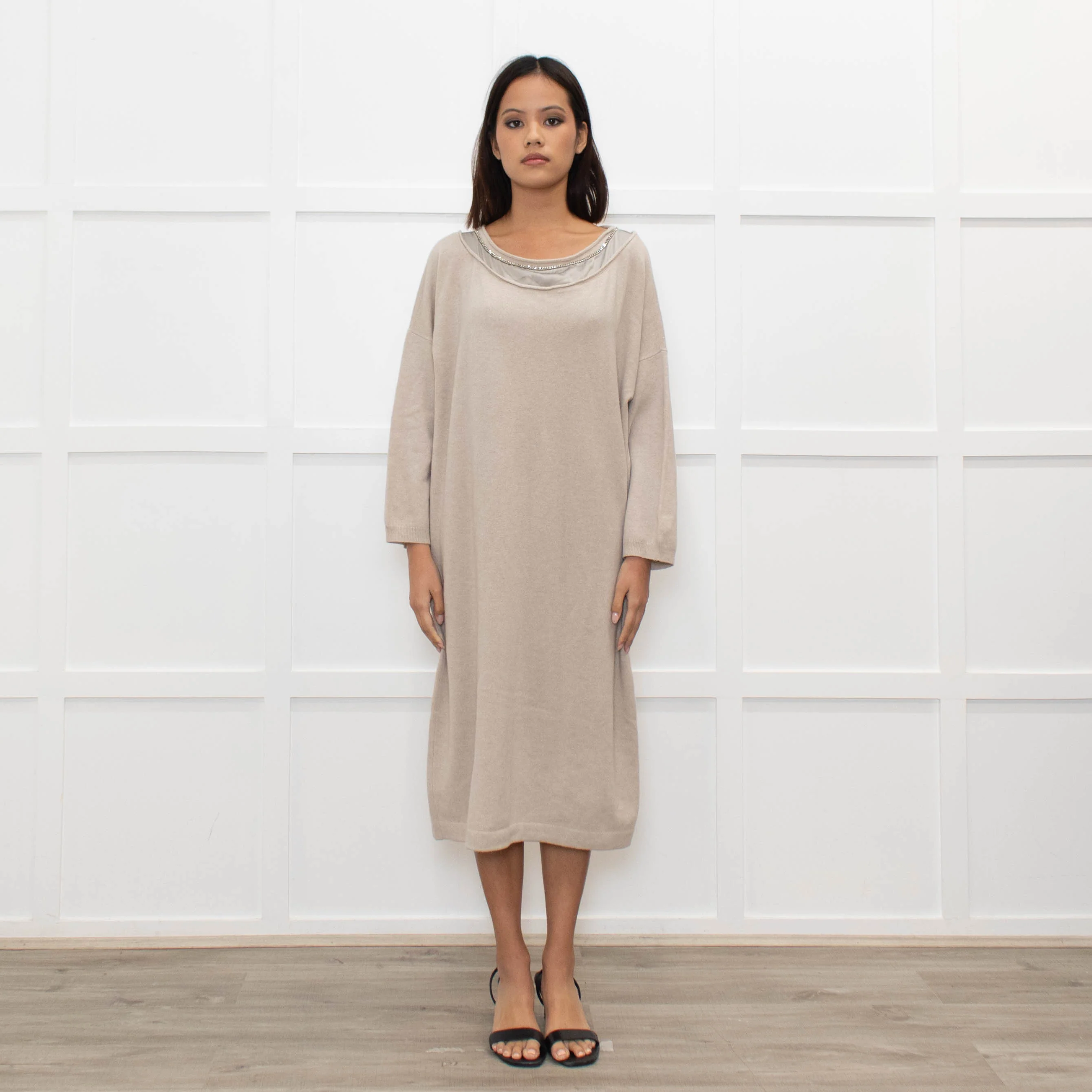 Fabiana Filippi Beige Chain Trim Merino Wool Knit Dress