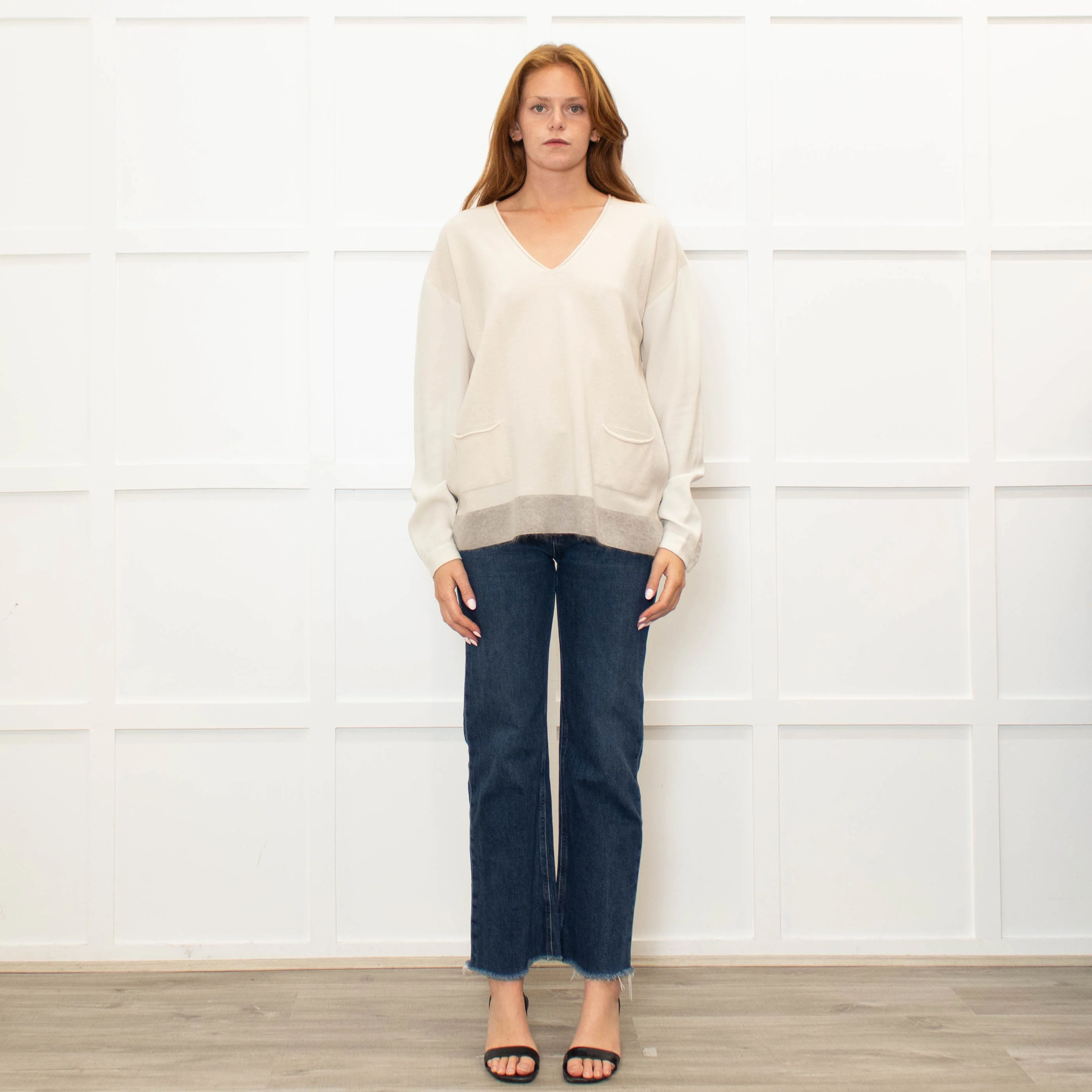 Fabiana Filippi Cream V-Neck Front Pocket Sweater