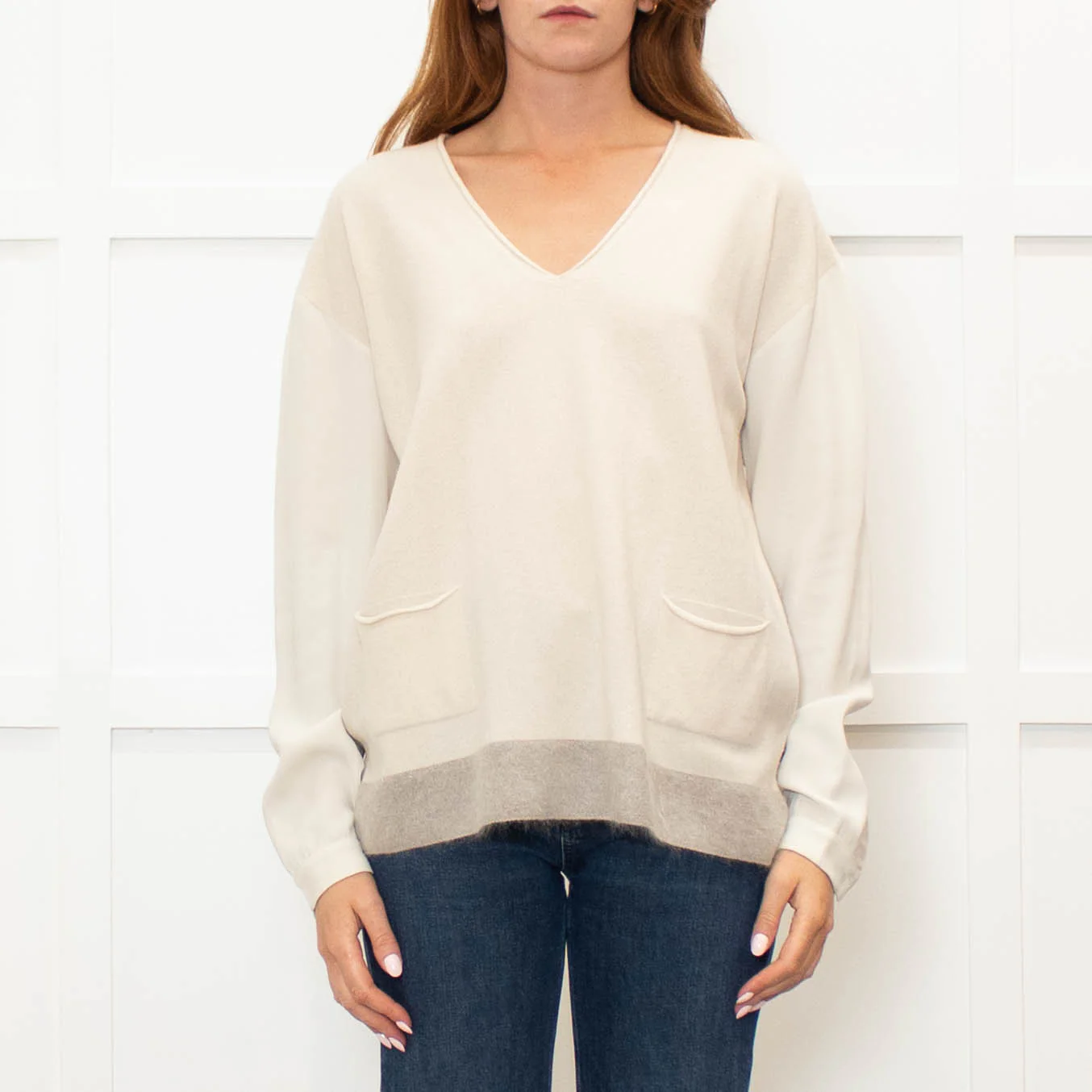 Fabiana Filippi Cream V-Neck Front Pocket Sweater - Image 2