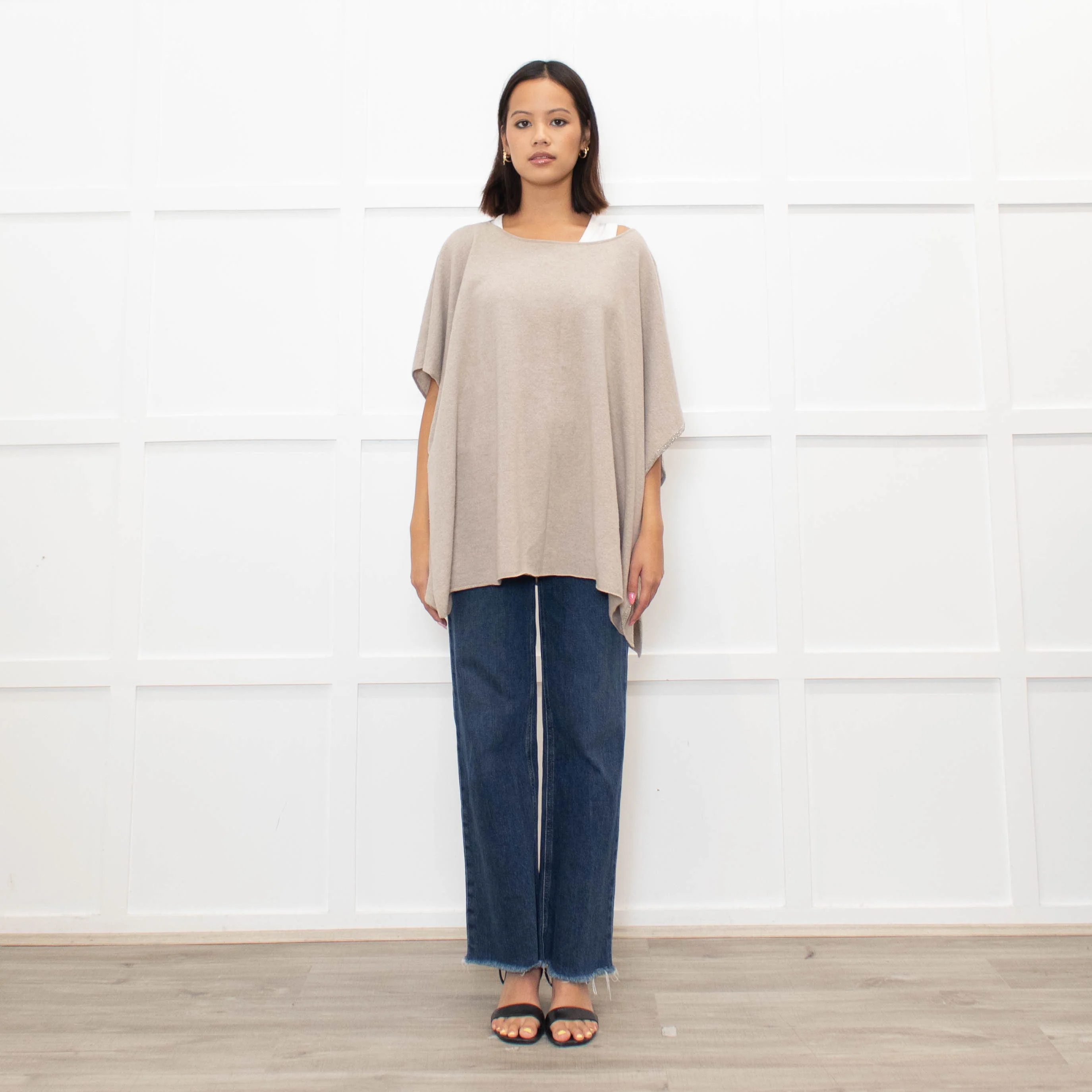 Fabiana Filippi Neutral Beige Silver Bead Trim Knitted Poncho