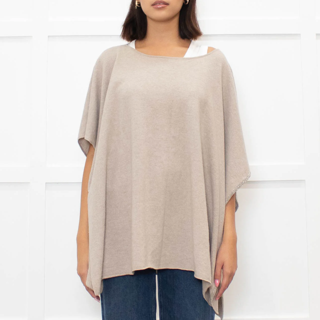Fabiana Filippi Neutral Beige Silver Bead Trim Knitted Poncho - Image 2