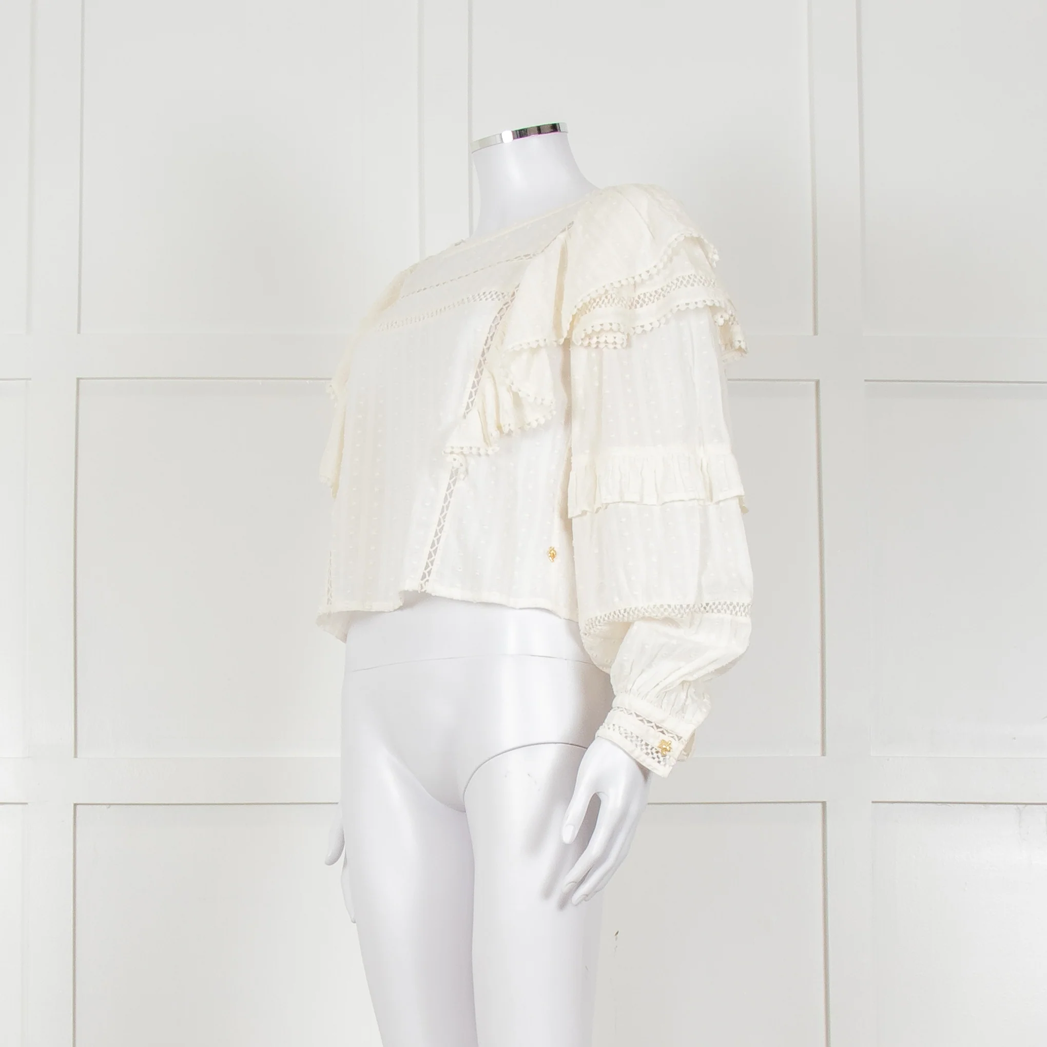 Fabienne Chapot Cream Ruffled Lace Insert Frilled Blouse - Image 8