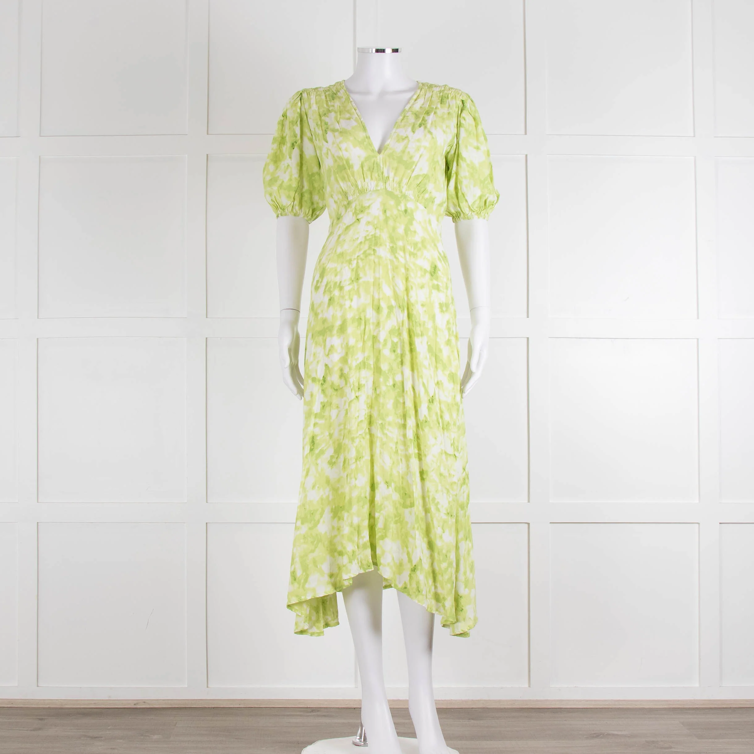 Faithful The Brand Lime Green White Puff Sleeve Dress