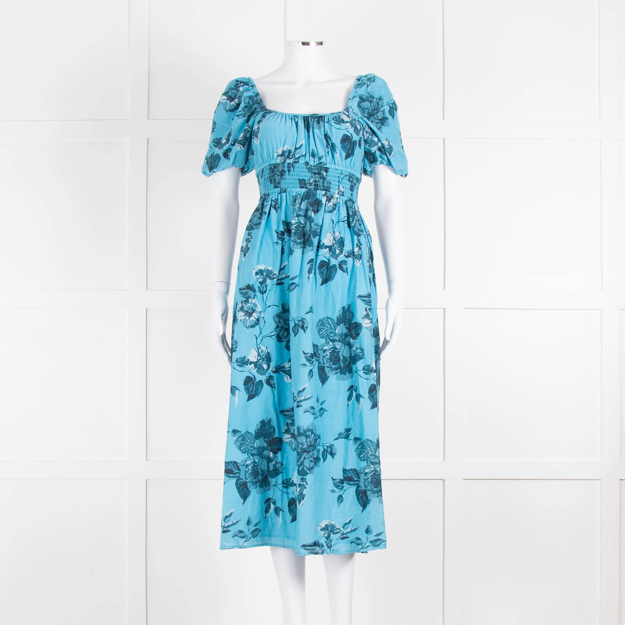 Faithfull The Brand Blue Floral Puff Sleeve Midi Dress