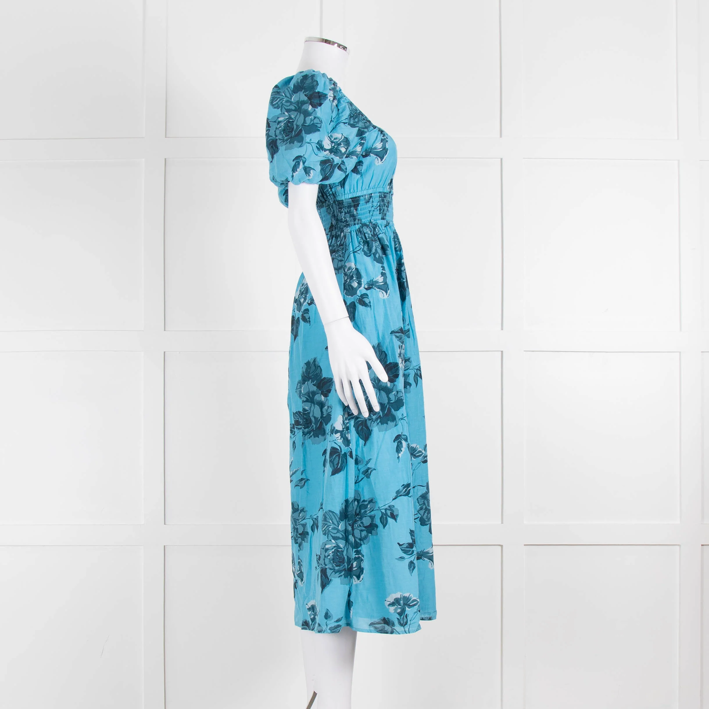 Faithfull The Brand Blue Floral Puff Sleeve Midi Dress - Image 3