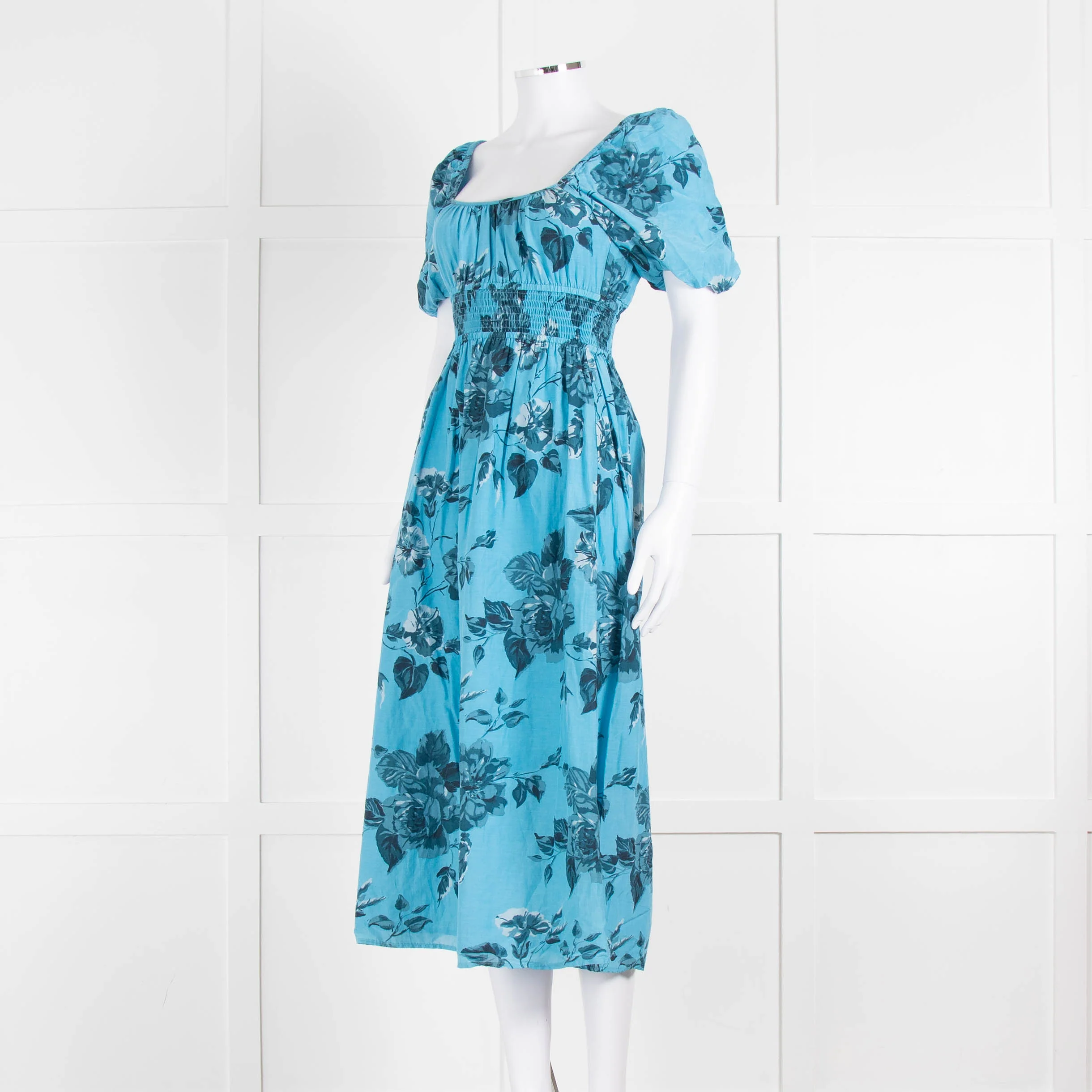Faithfull The Brand Blue Floral Puff Sleeve Midi Dress - Image 8