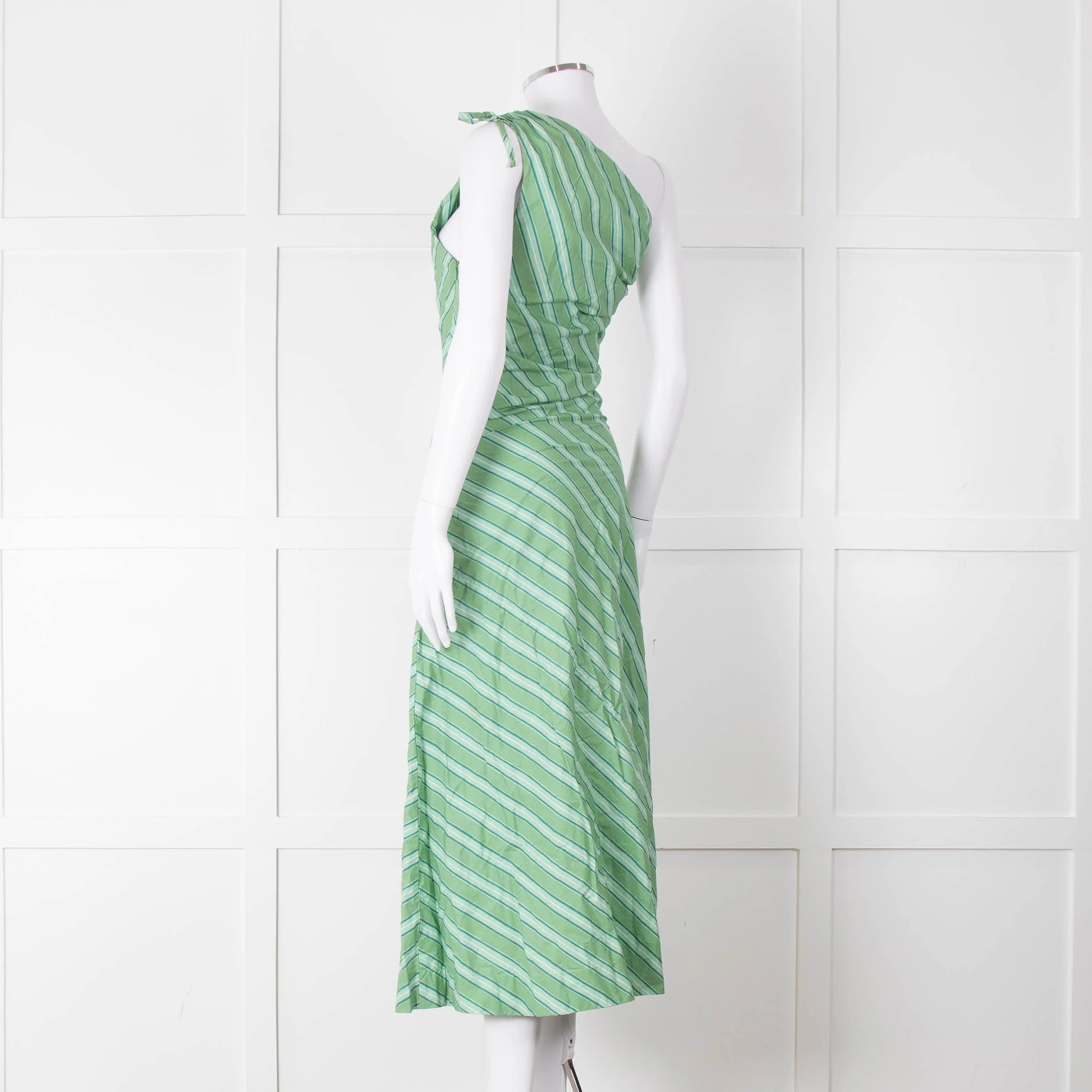 Faithfull The Brand Green Striped One Shoulder Cotton Dress - Image 6