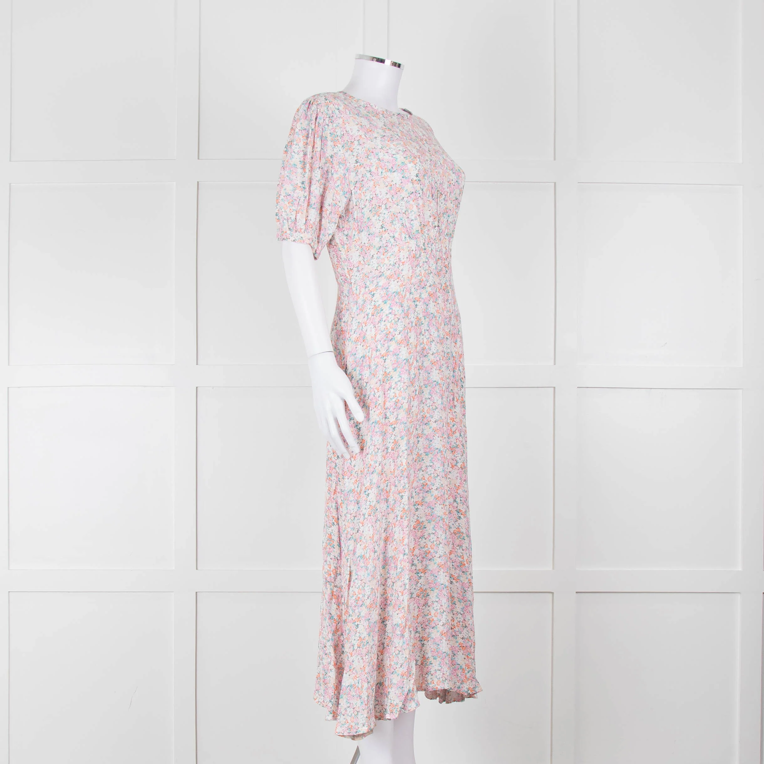 Faithfull The Brand Multicoloured Floral Dress With Short Puff Sleeves & Gathered Waist - Image 2