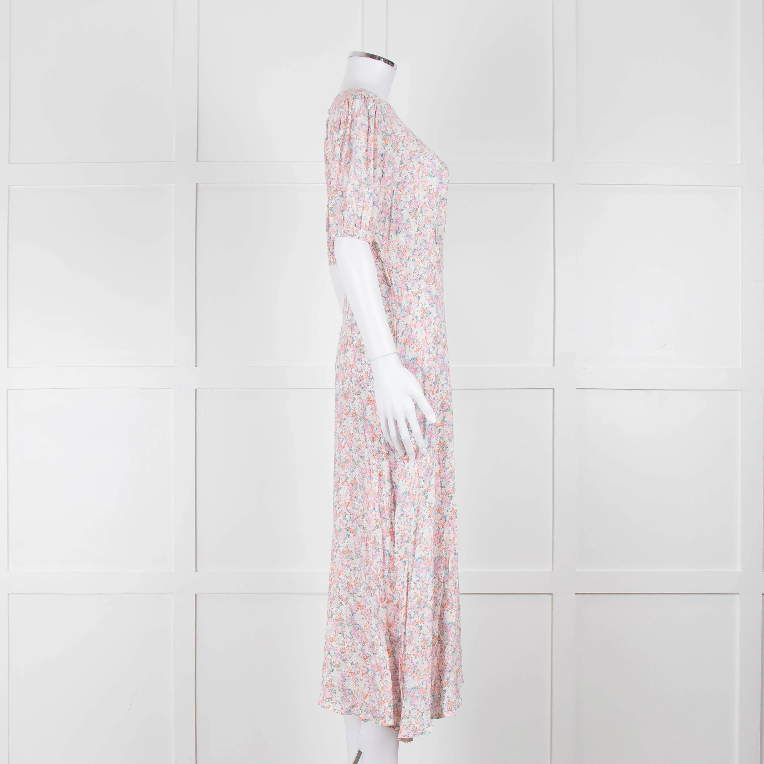 Faithfull The Brand Multicoloured Floral Dress With Short Puff Sleeves & Gathered Waist - Image 3