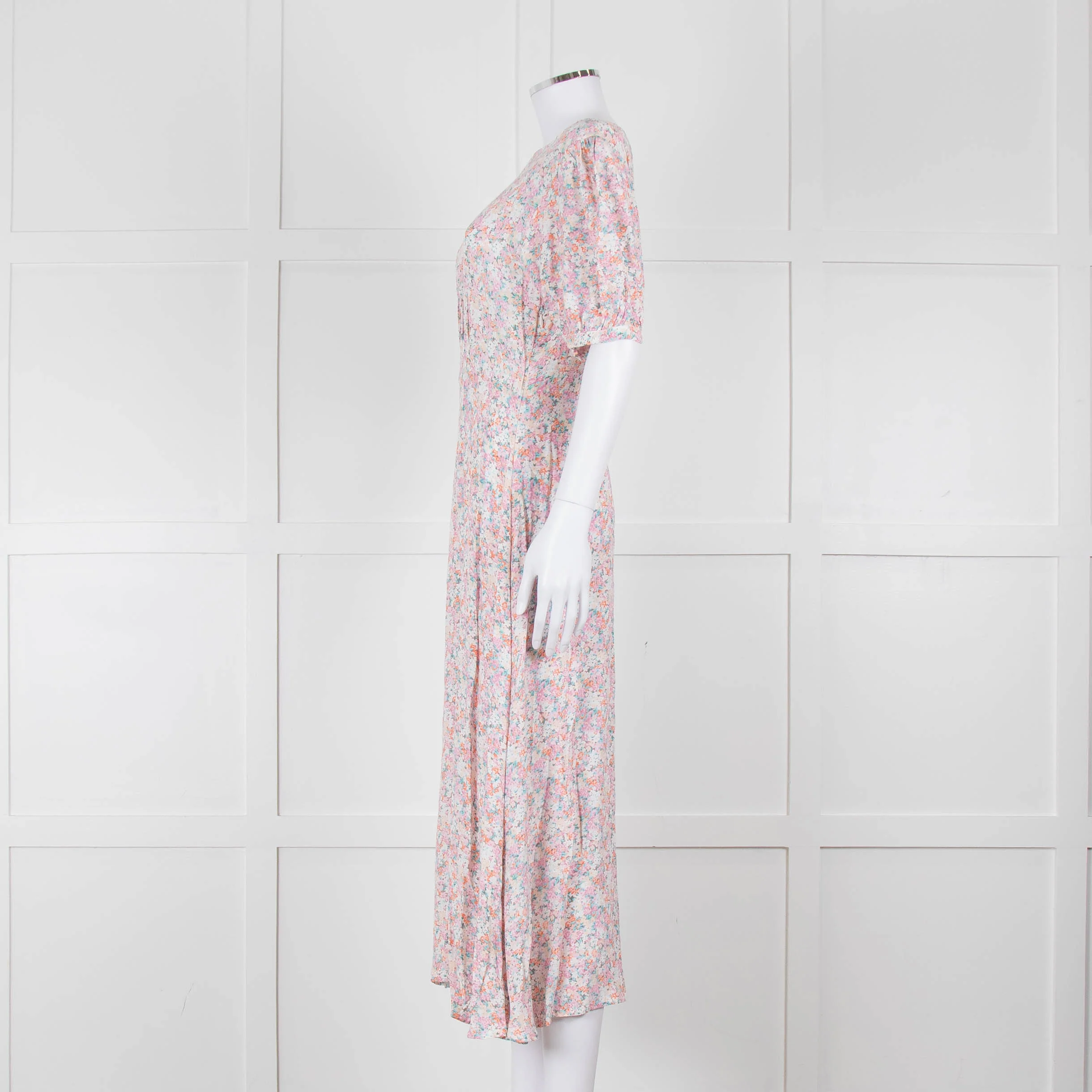 Faithfull The Brand Multicoloured Floral Dress With Short Puff Sleeves & Gathered Waist - Image 7