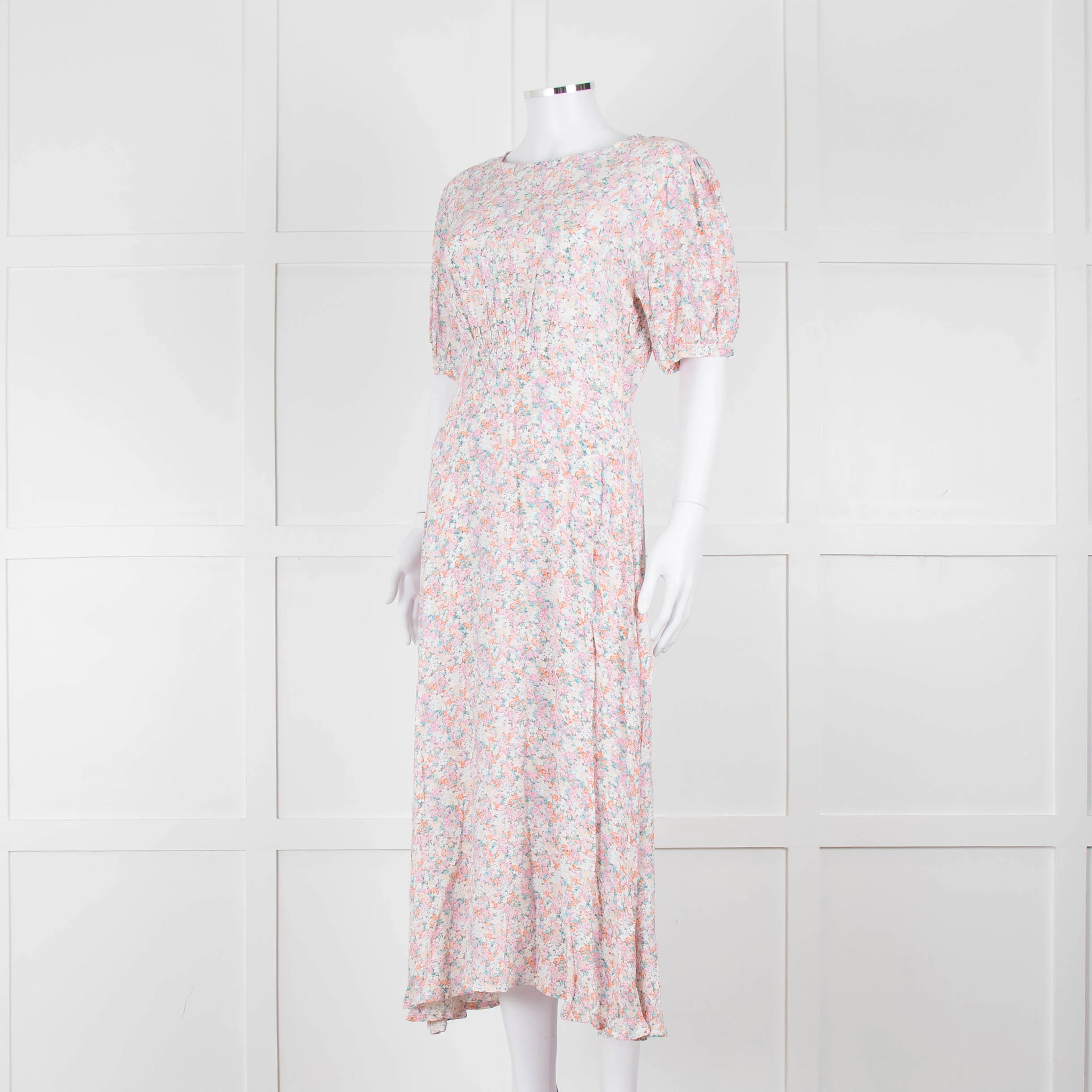 Faithfull The Brand Multicoloured Floral Dress With Short Puff Sleeves & Gathered Waist - Image 8
