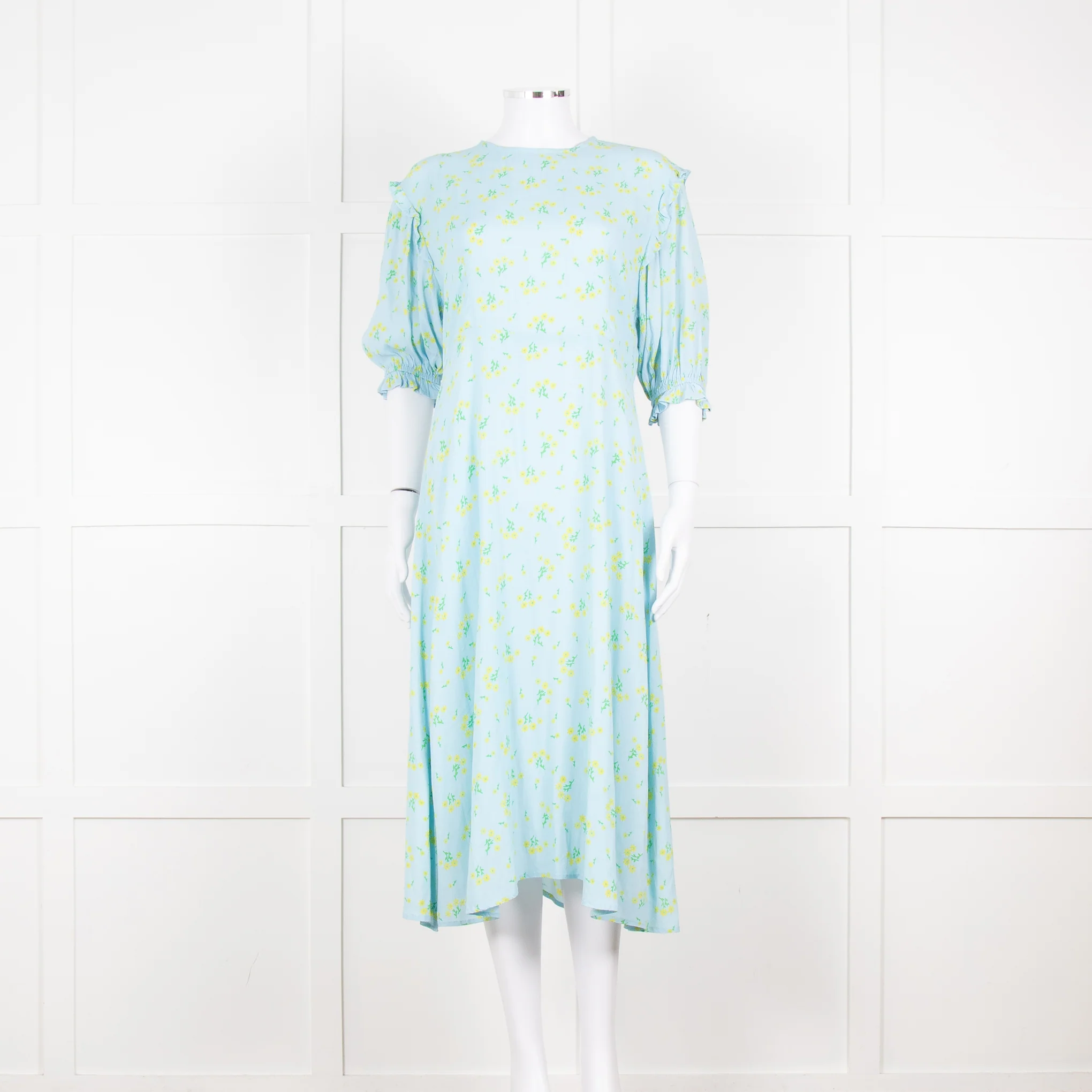 Faithfull The Brand Pale Blue Yellow Floral Frill Detail Maxi Dress