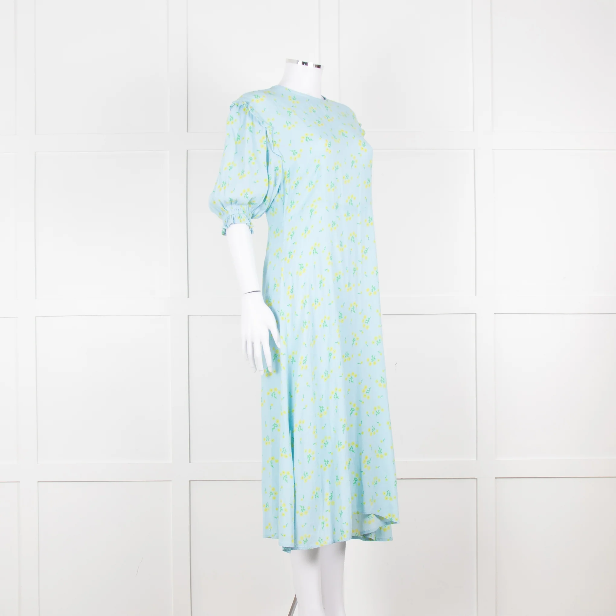 Faithfull The Brand Pale Blue Yellow Floral Frill Detail Maxi Dress - Image 2