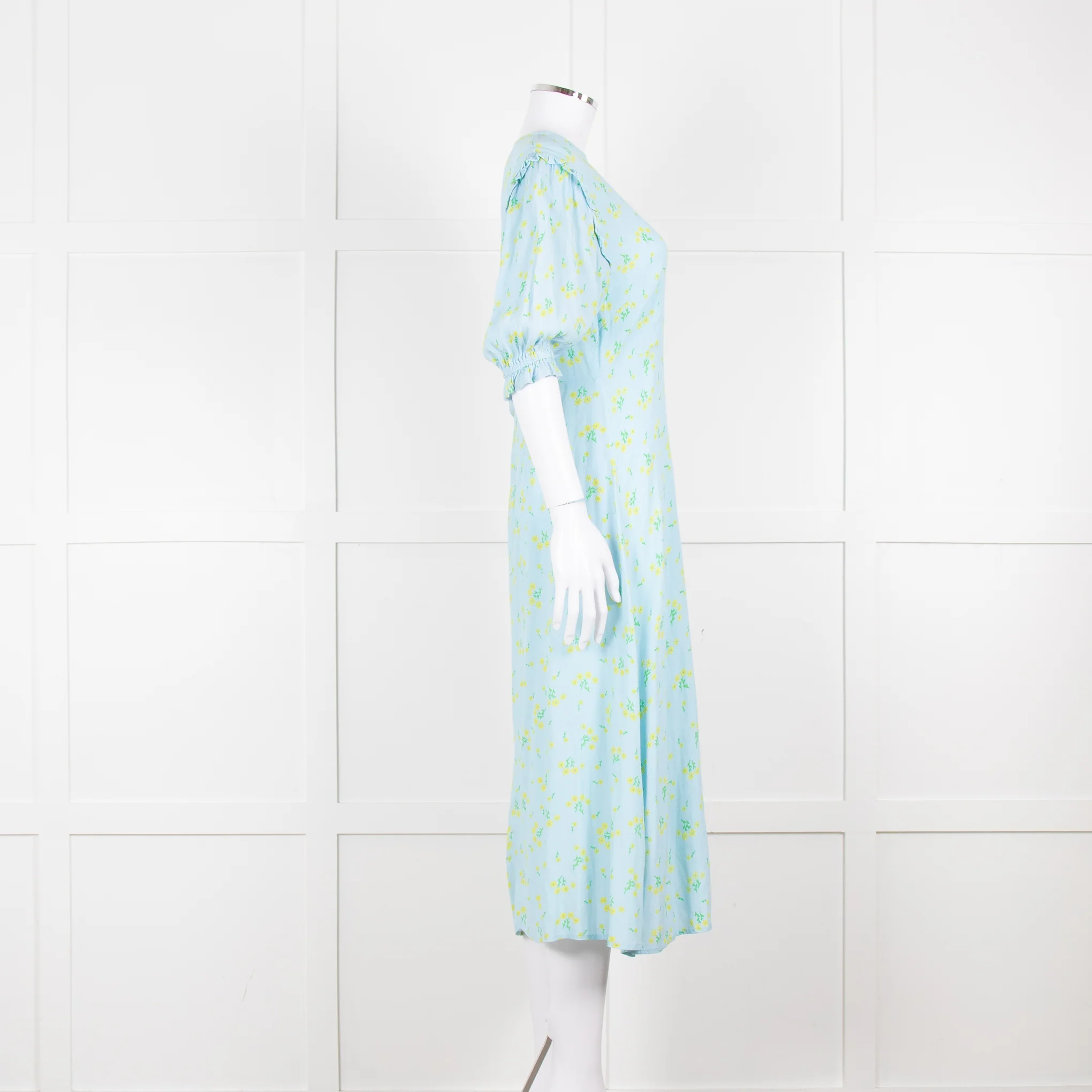 Faithfull The Brand Pale Blue Yellow Floral Frill Detail Maxi Dress - Image 3