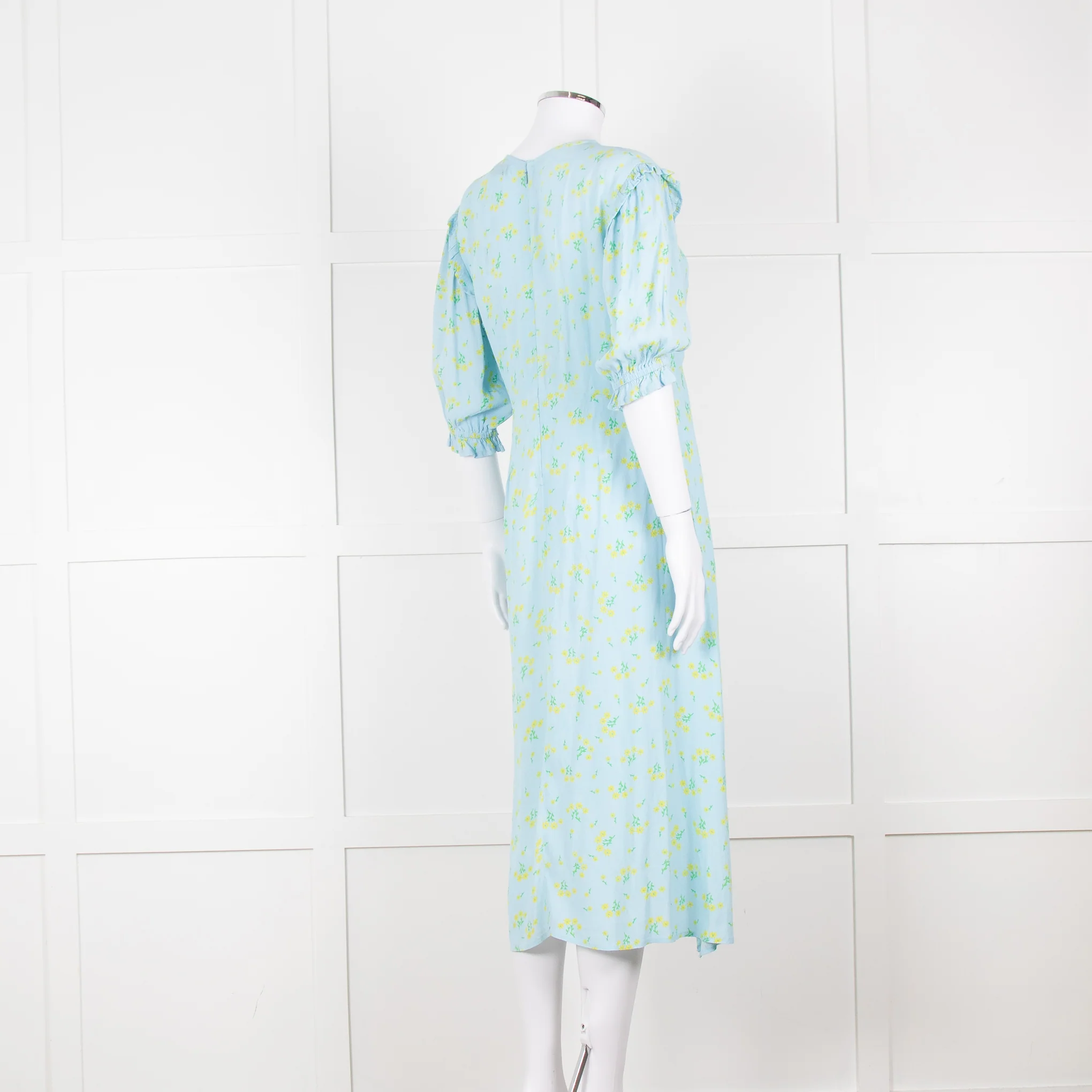 Faithfull The Brand Pale Blue Yellow Floral Frill Detail Maxi Dress - Image 4