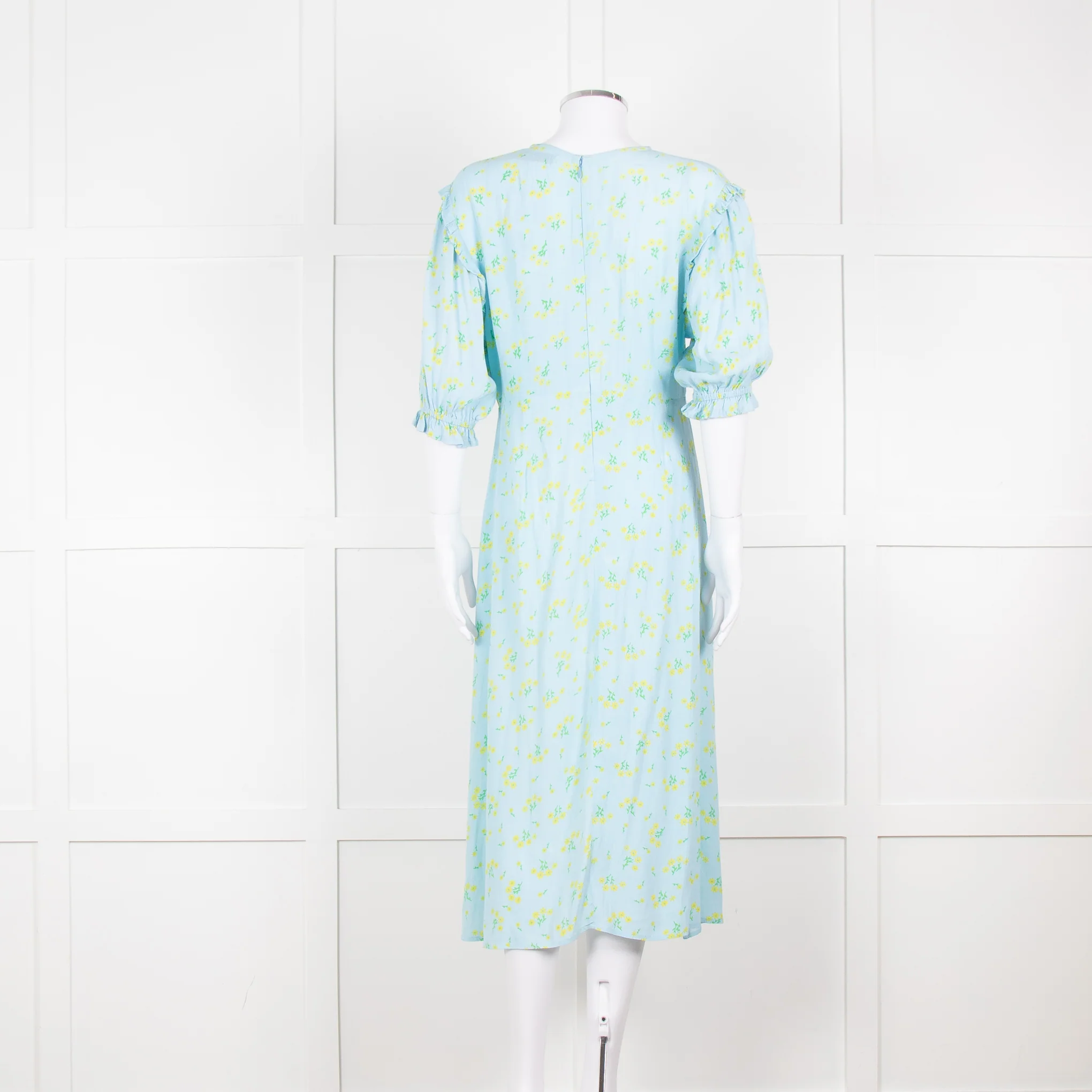 Faithfull The Brand Pale Blue Yellow Floral Frill Detail Maxi Dress - Image 5