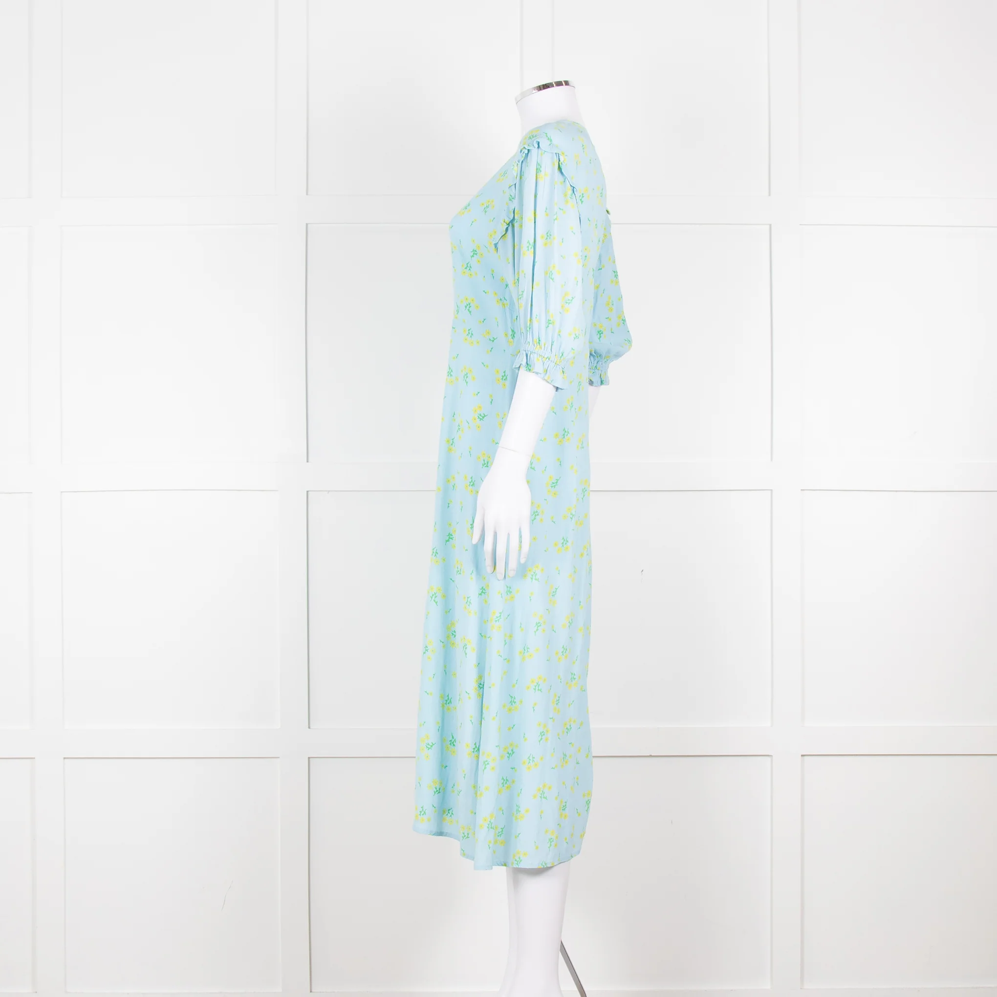 Faithfull The Brand Pale Blue Yellow Floral Frill Detail Maxi Dress - Image 7
