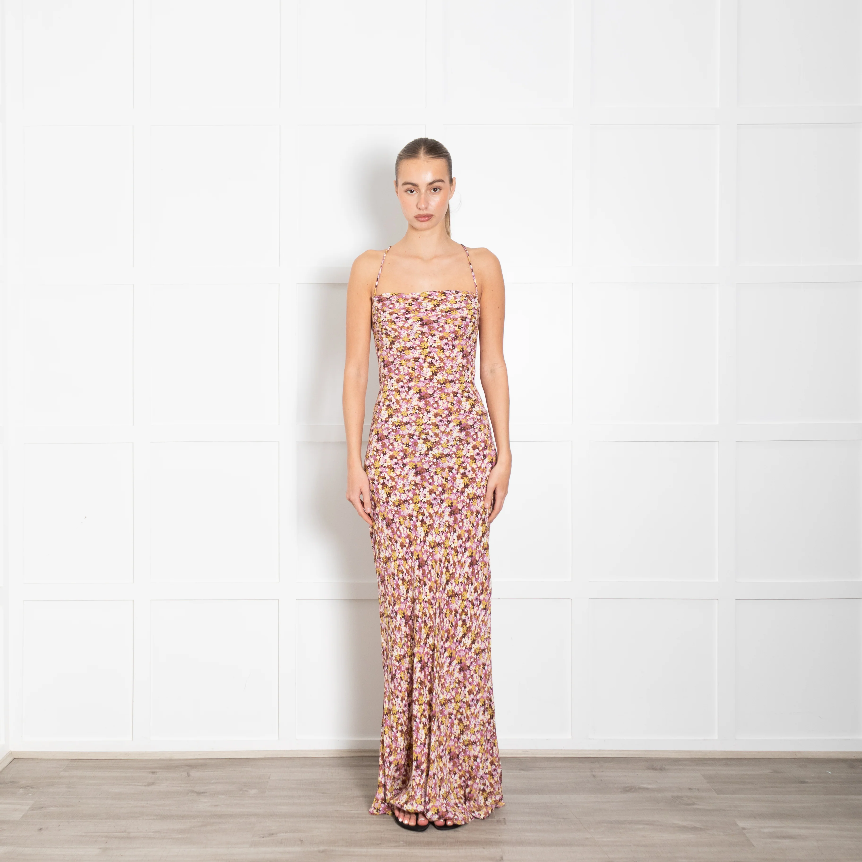 Faithfull The Brand Pink Brown Yellow Floral Maxi Dress With Lace Up Back