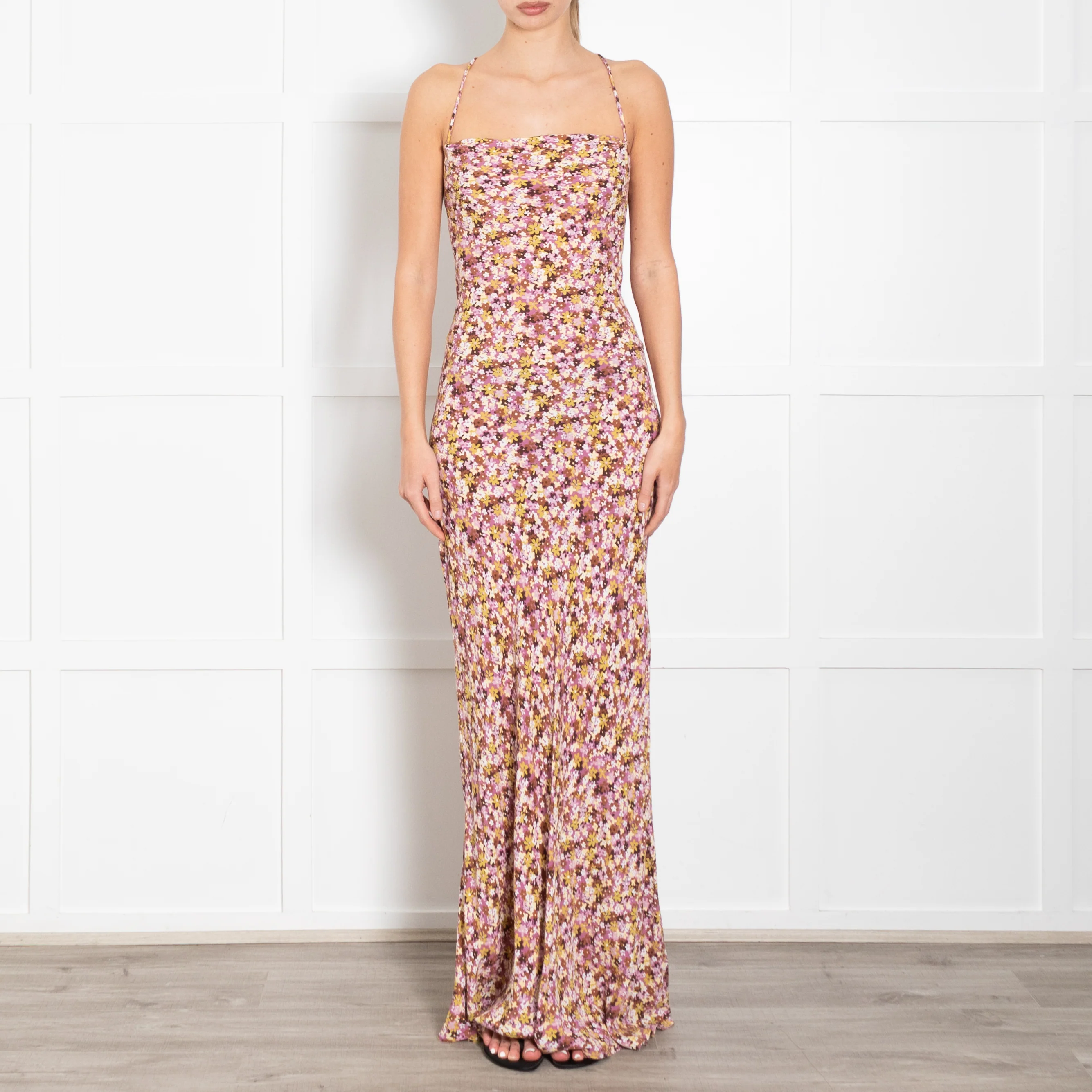 Faithfull The Brand Pink Brown Yellow Floral Maxi Dress With Lace Up Back - Image 2
