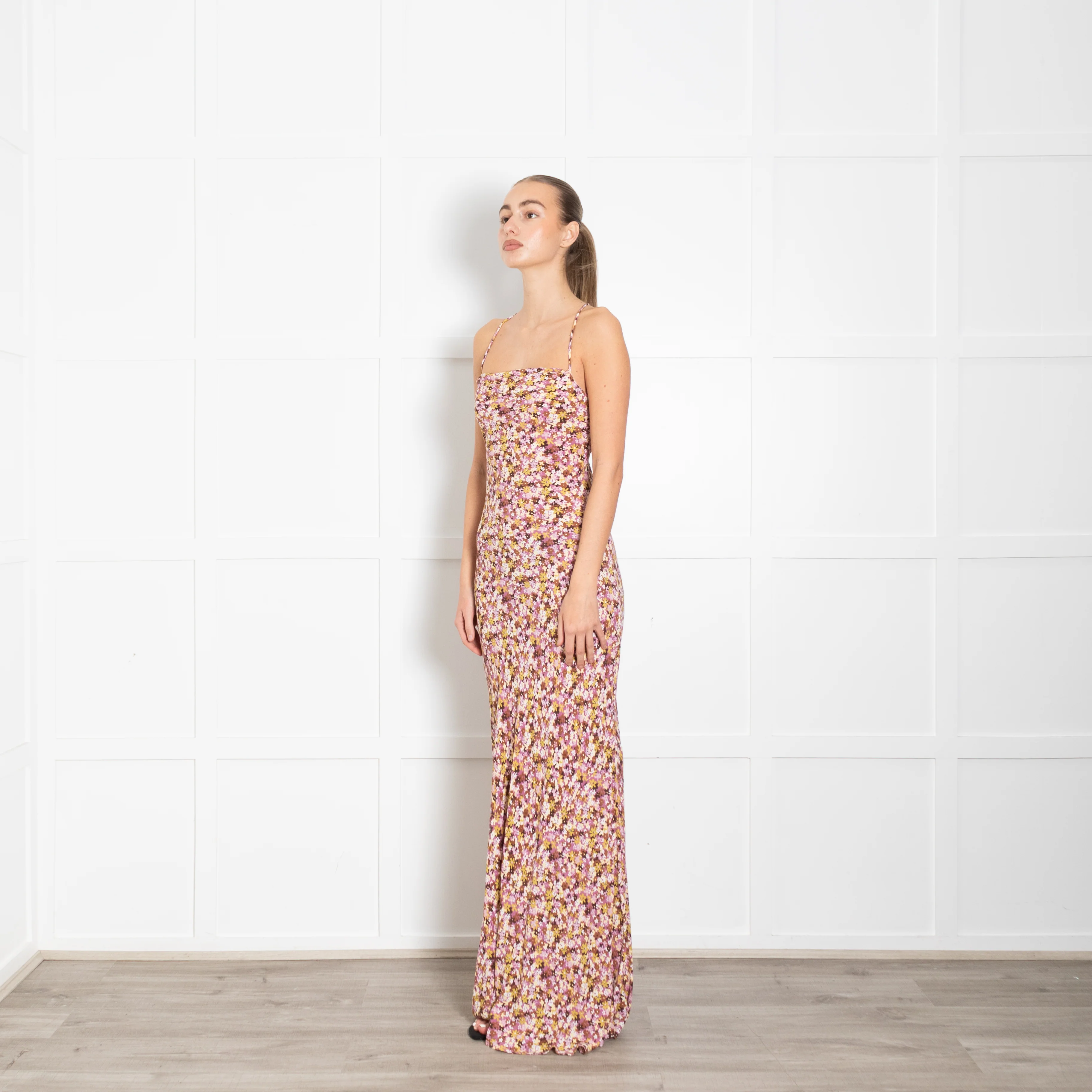 Faithfull The Brand Pink Brown Yellow Floral Maxi Dress With Lace Up Back - Image 3