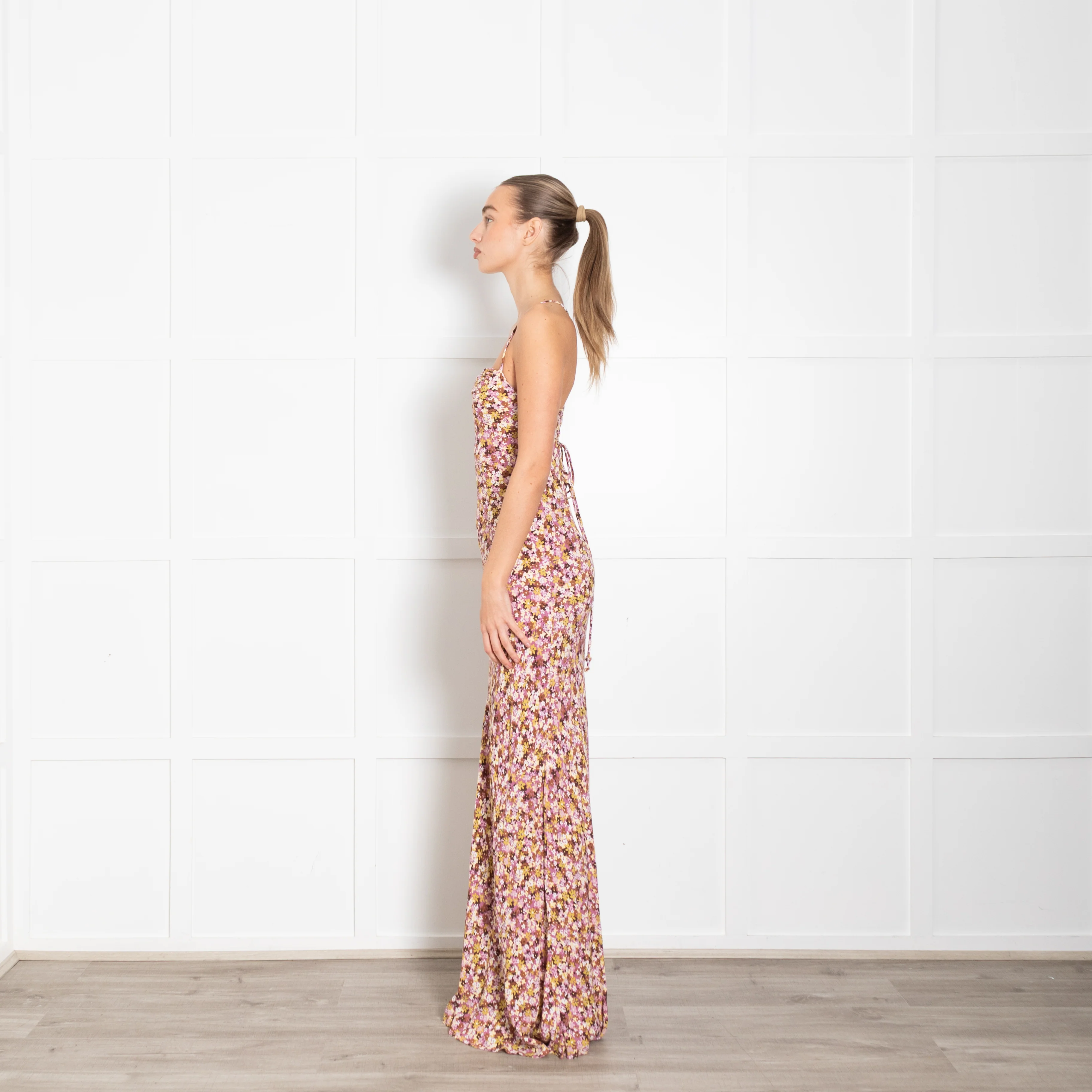Faithfull The Brand Pink Brown Yellow Floral Maxi Dress With Lace Up Back - Image 4
