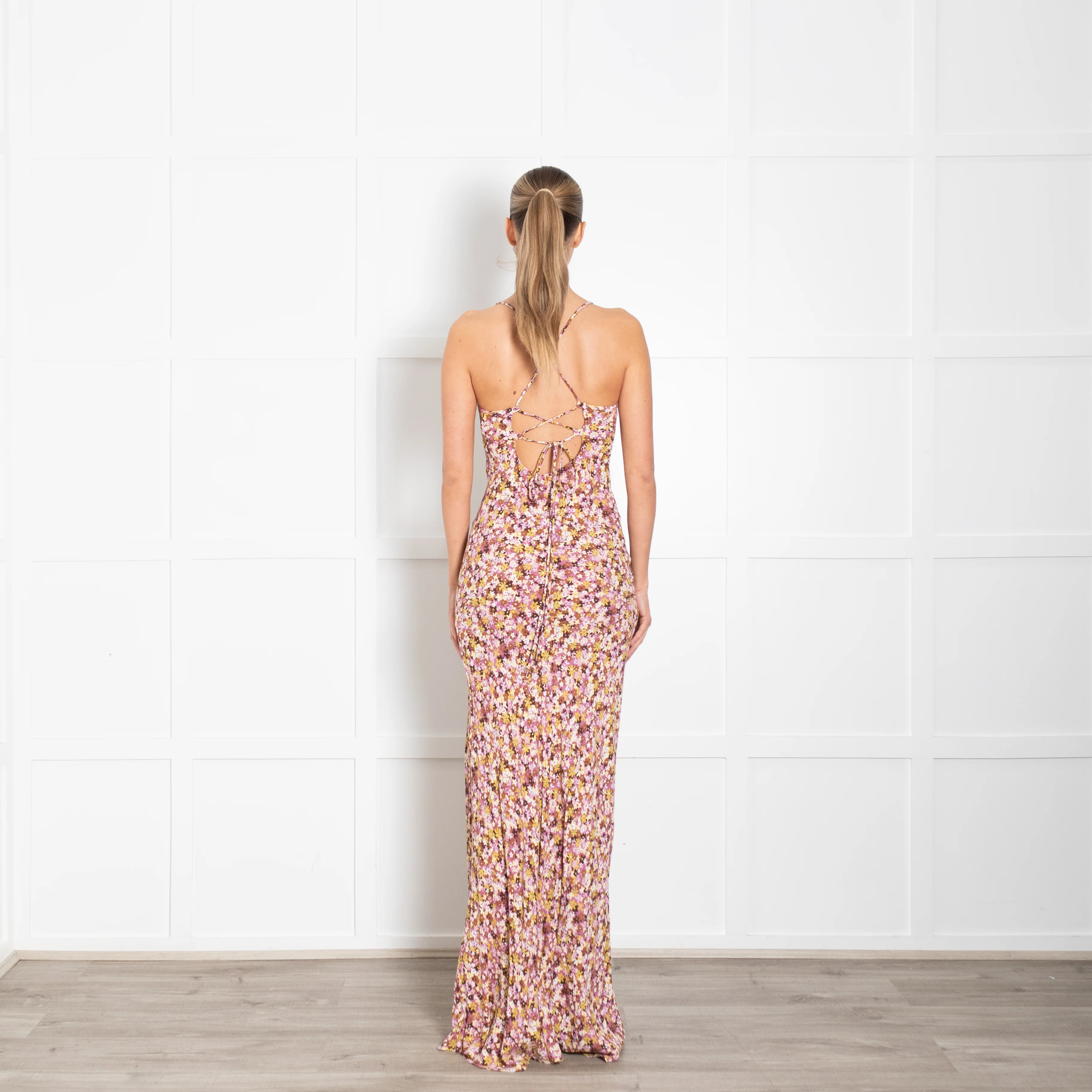 Faithfull The Brand Pink Brown Yellow Floral Maxi Dress With Lace Up Back - Image 5