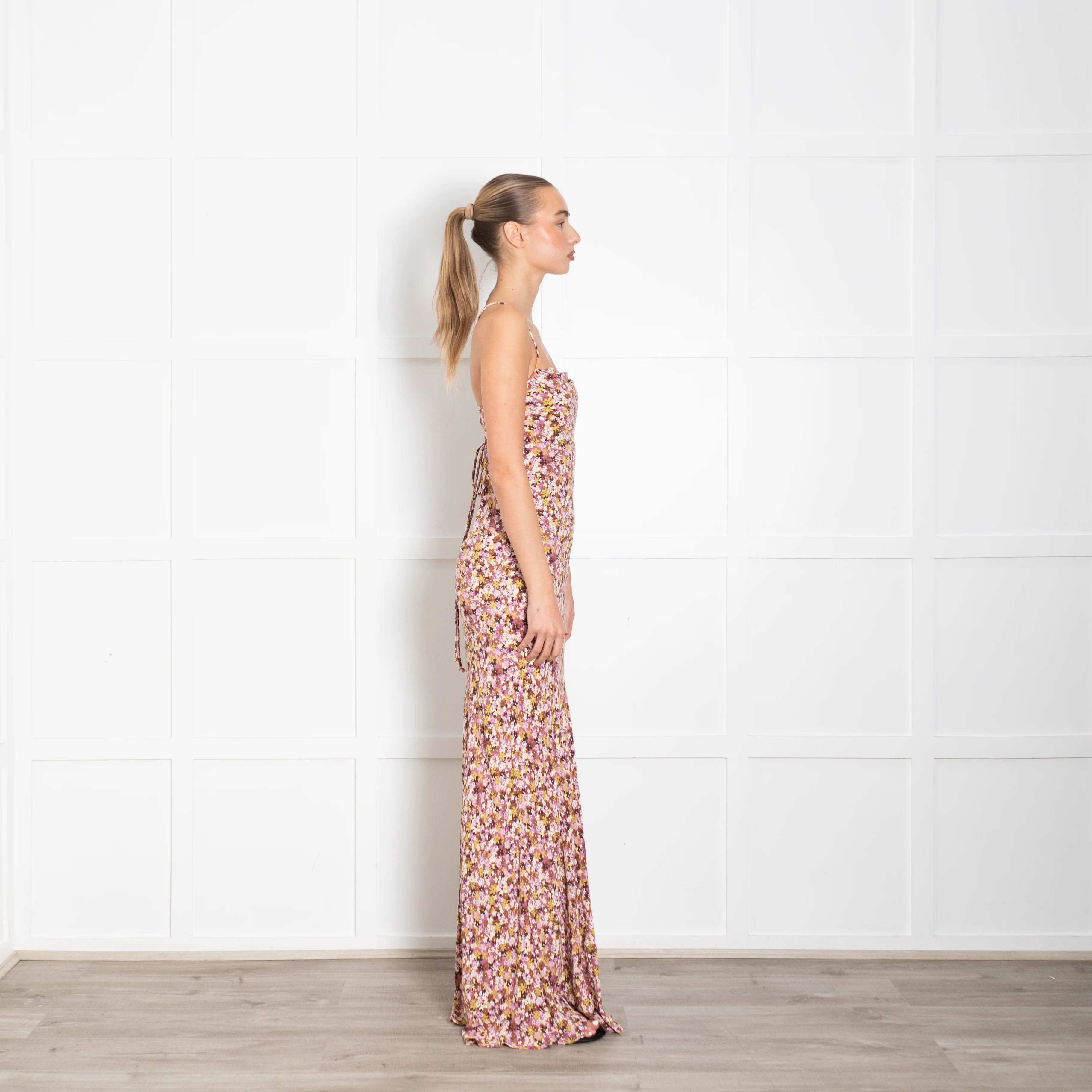 Faithfull The Brand Pink Brown Yellow Floral Maxi Dress With Lace Up Back - Image 6