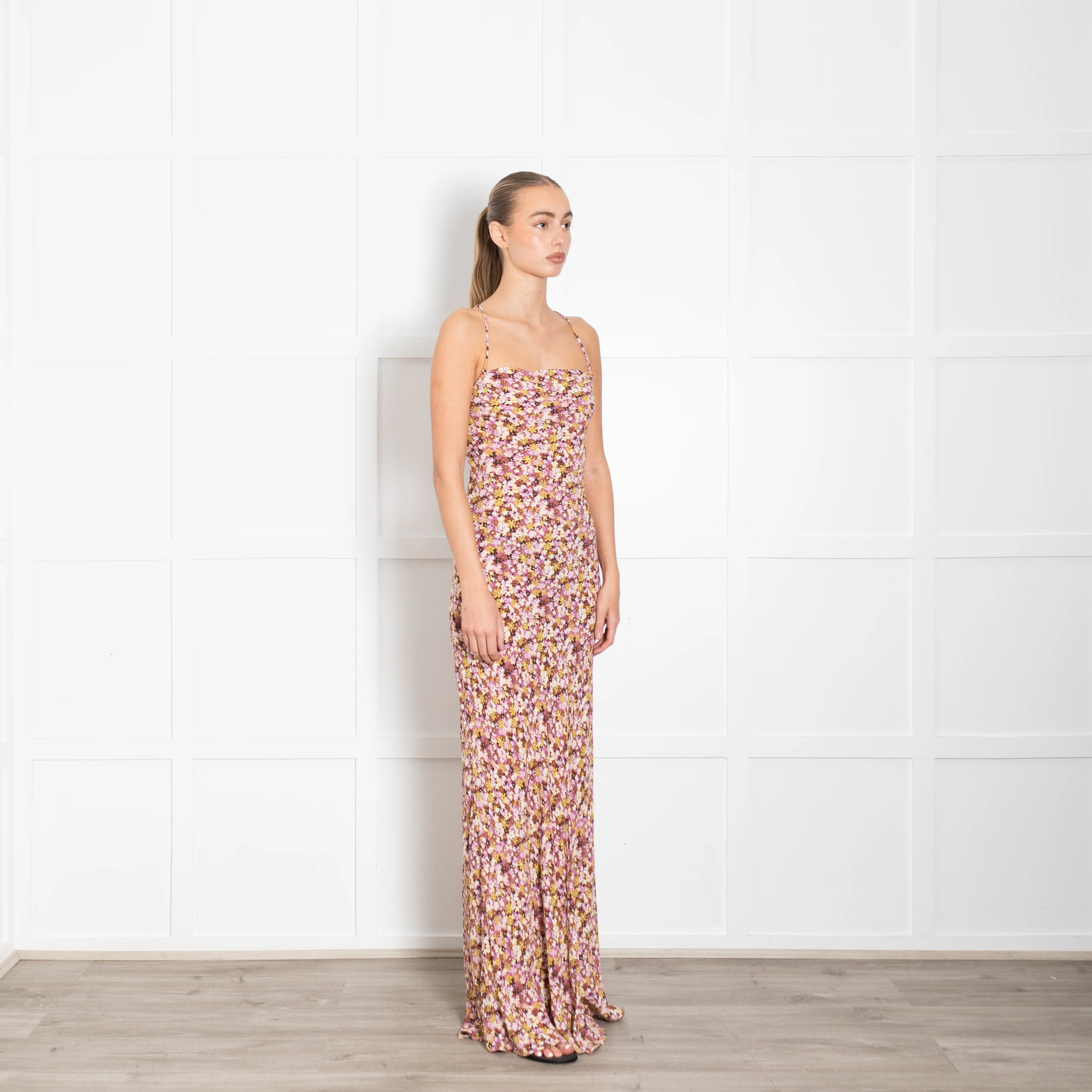Faithfull The Brand Pink Brown Yellow Floral Maxi Dress With Lace Up Back - Image 7