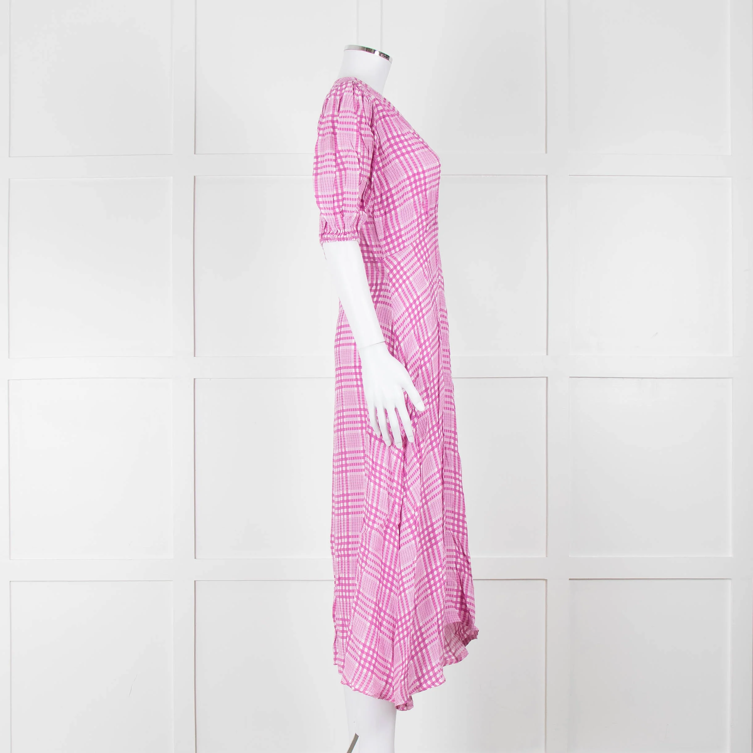 Faithfull The Brand Pink & White Checked Dress With Short Sleeves - Image 3