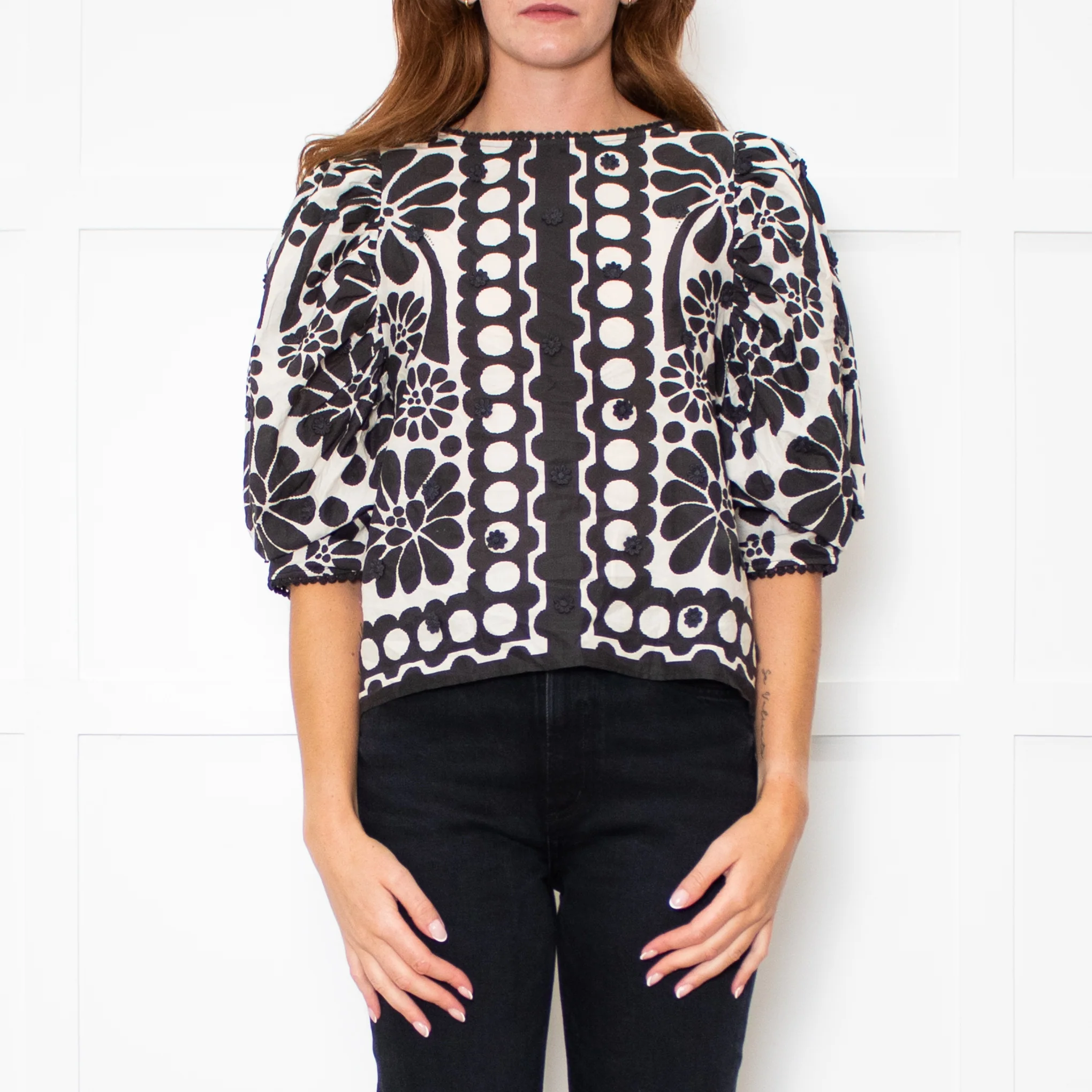 Farm Rio Black and White Retro Floral Print Blouse With Floral Embelishment - Image 2