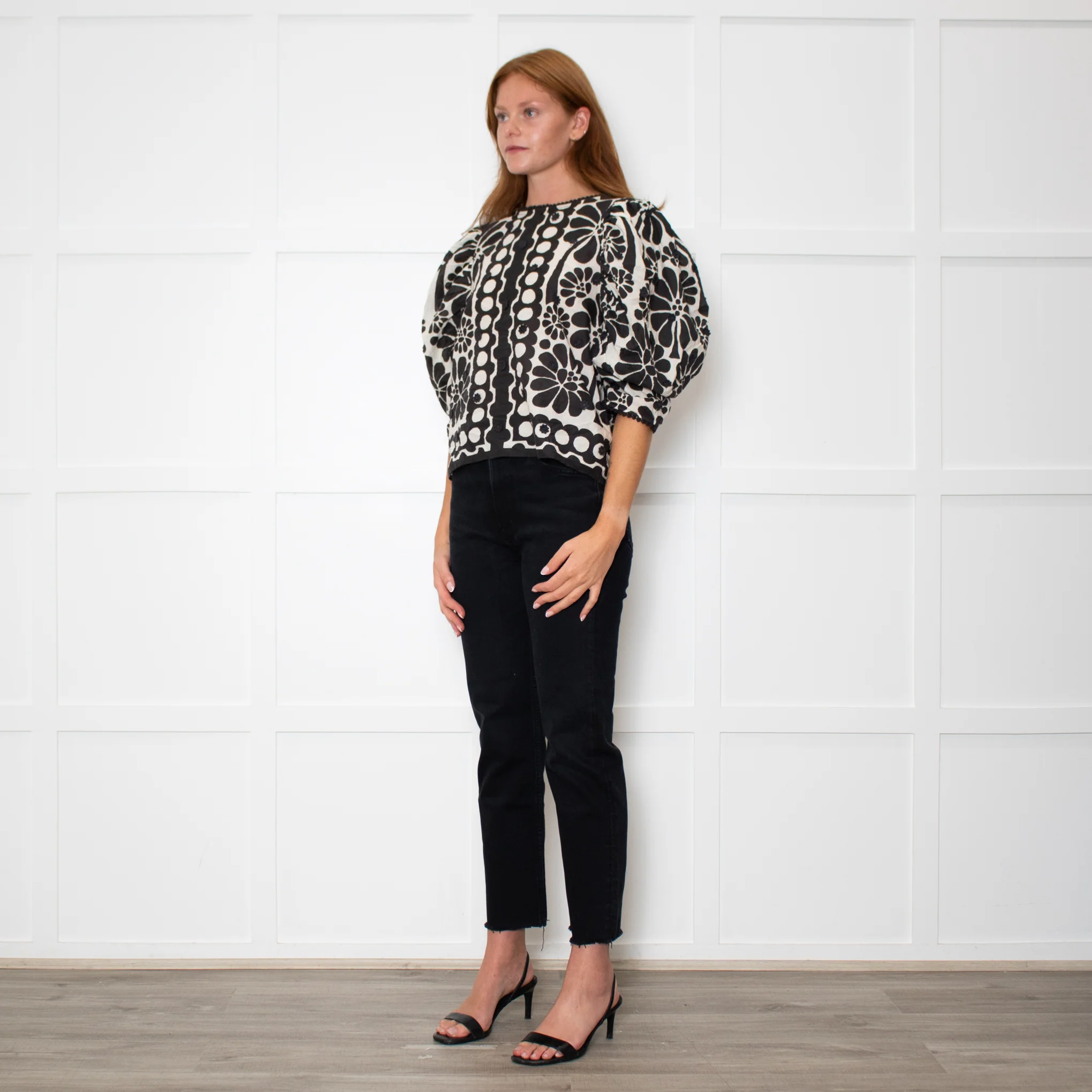 Farm Rio Black and White Retro Floral Print Blouse With Floral Embelishment - Image 3