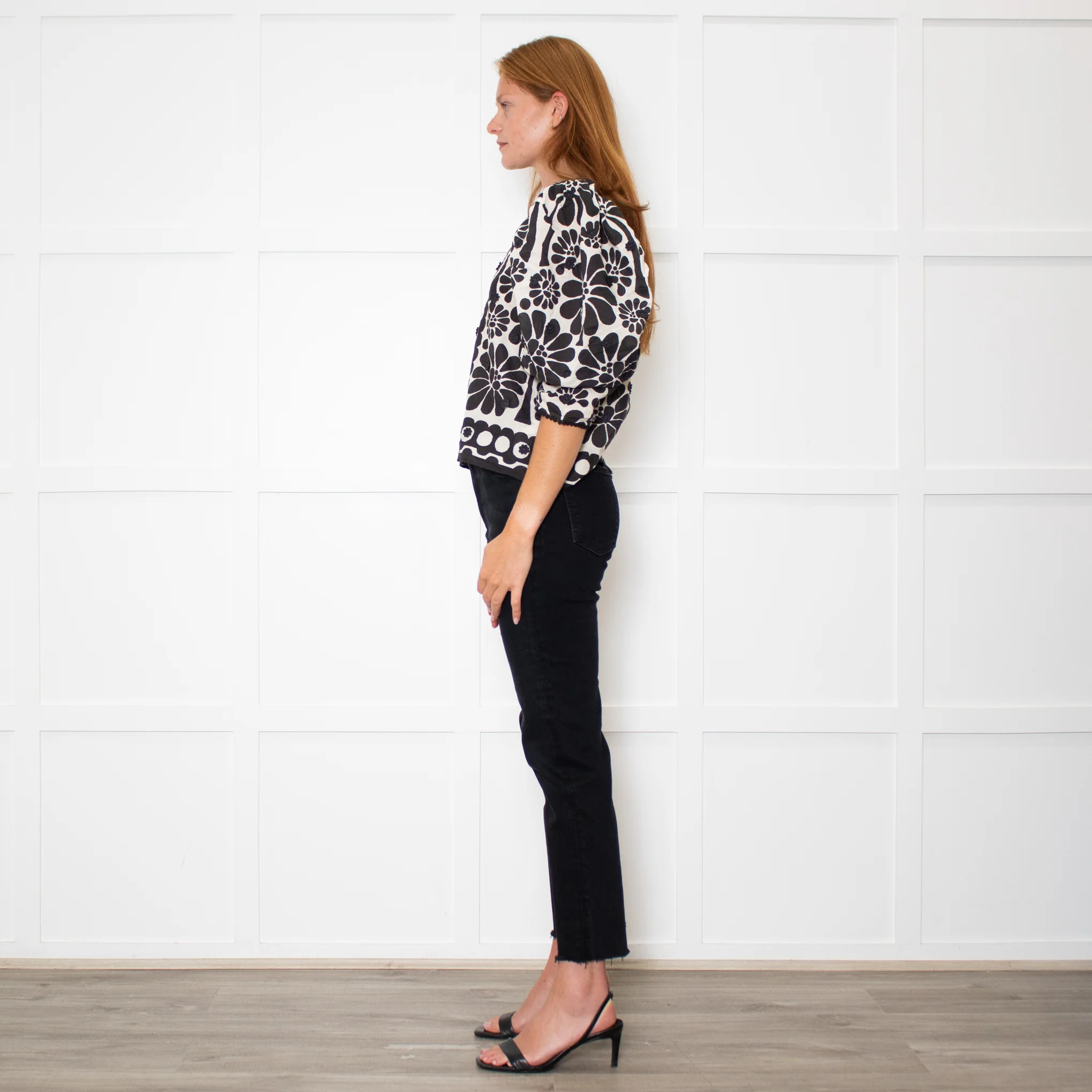 Farm Rio Black and White Retro Floral Print Blouse With Floral Embelishment - Image 4