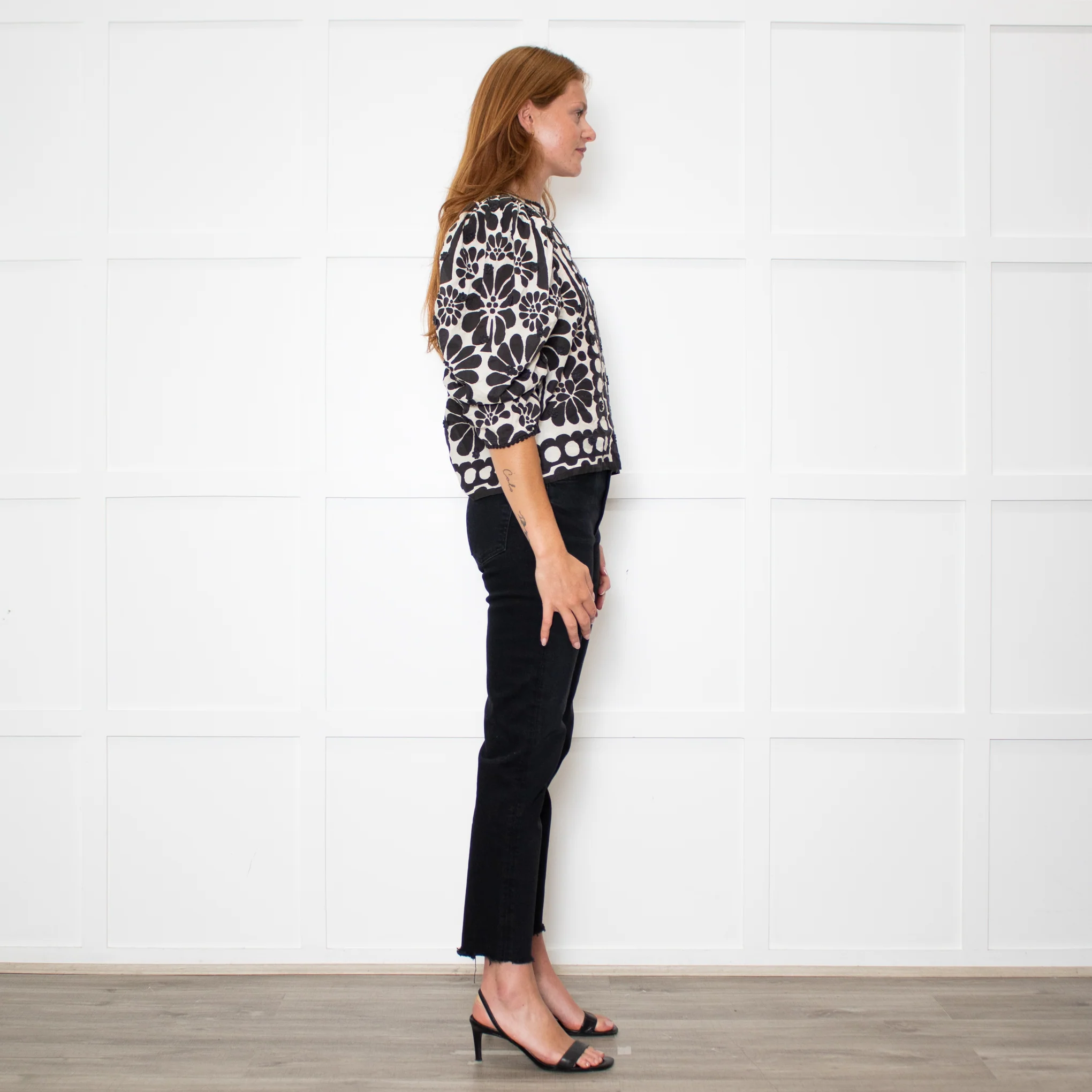 Farm Rio Black and White Retro Floral Print Blouse With Floral Embelishment - Image 5