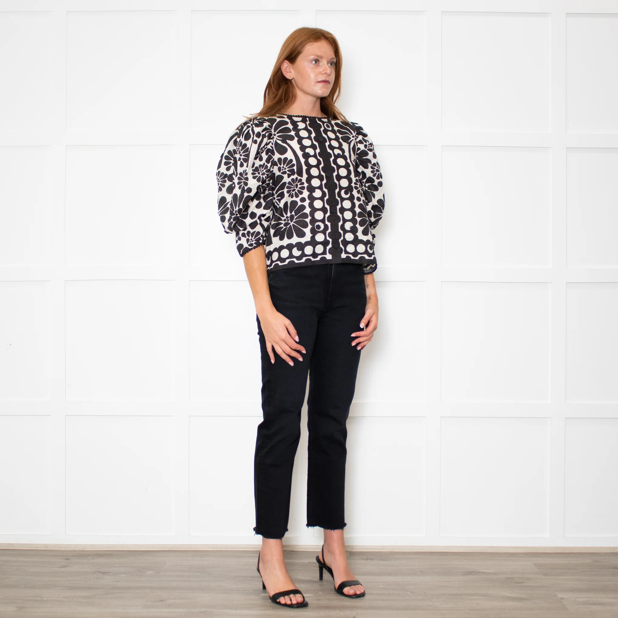 Farm Rio Black and White Retro Floral Print Blouse With Floral Embelishment - Image 6