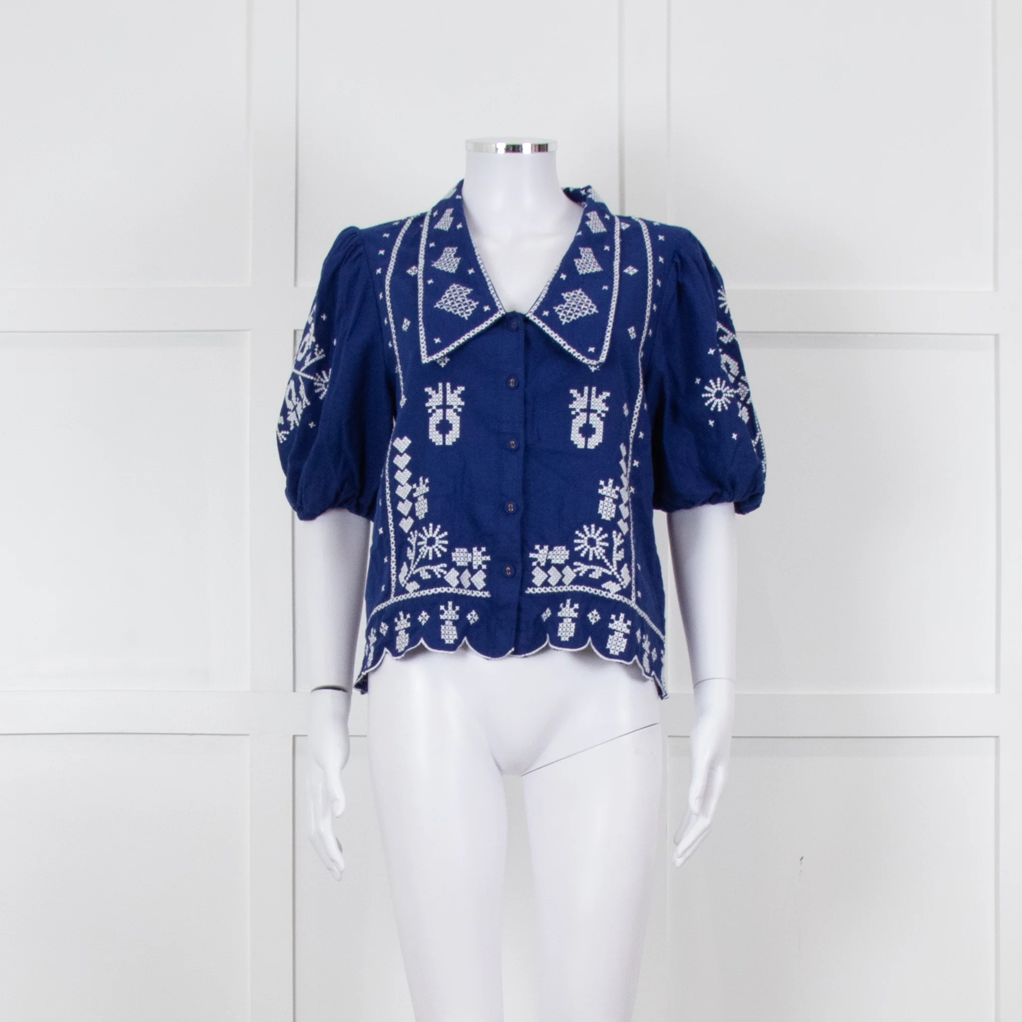 Farm Rio Blue White Embroidered Big Collar Blouse
