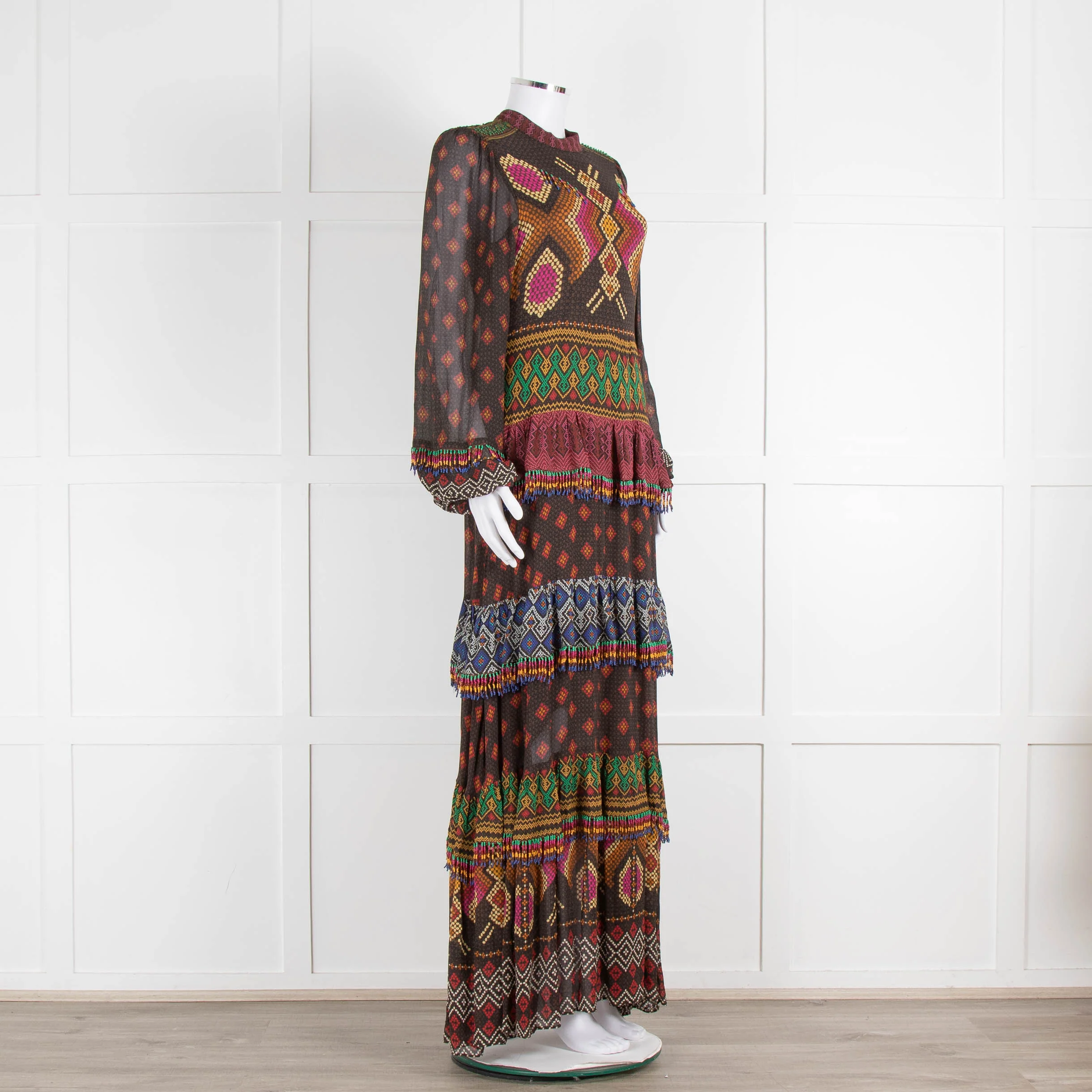 Farm Rio Brown Multi Colour Tiered Beaded Maxi Dress - Image 2