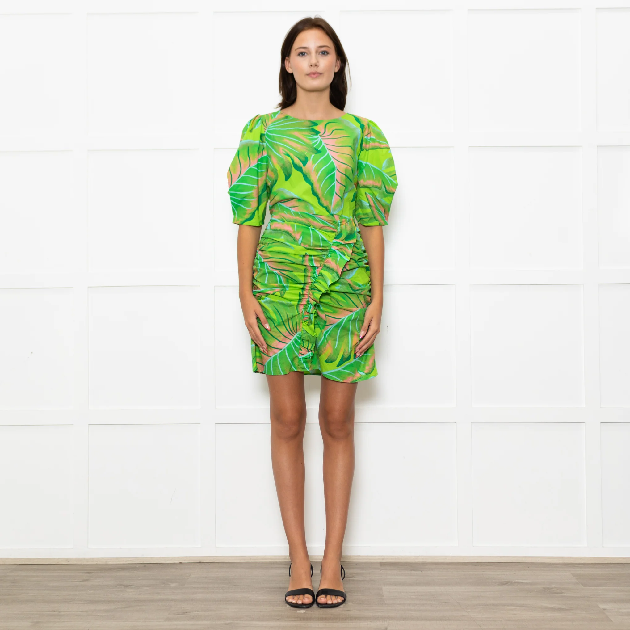 Farm Rio For Anthropologie Green Pink Leaf Print Short Dress