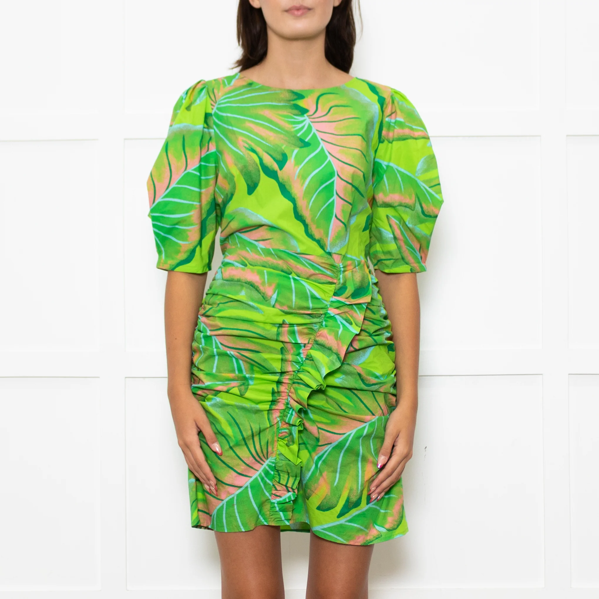 Farm Rio For Anthropologie Green Pink Leaf Print Short Dress - Image 2