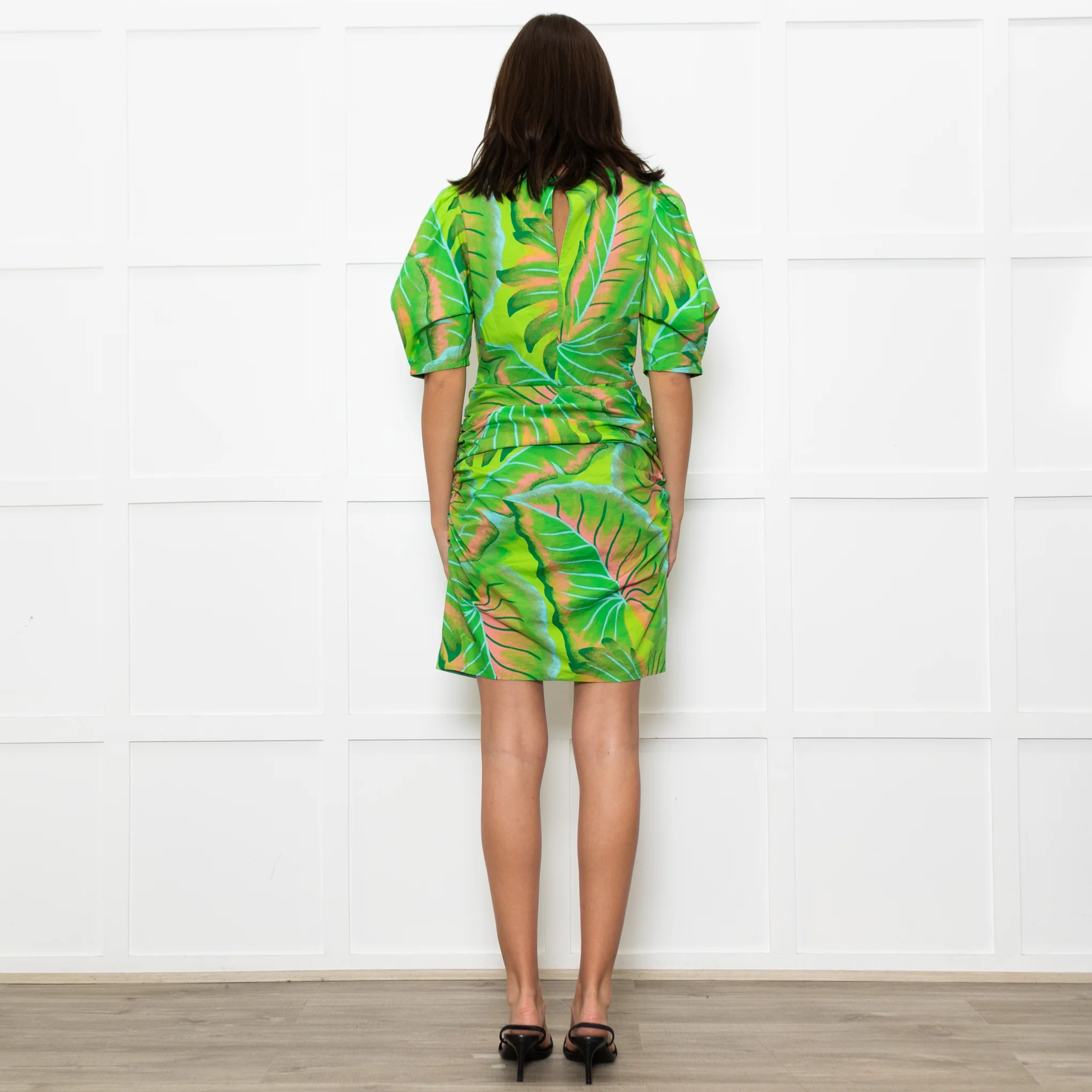 Farm Rio For Anthropologie Green Pink Leaf Print Short Dress - Image 6