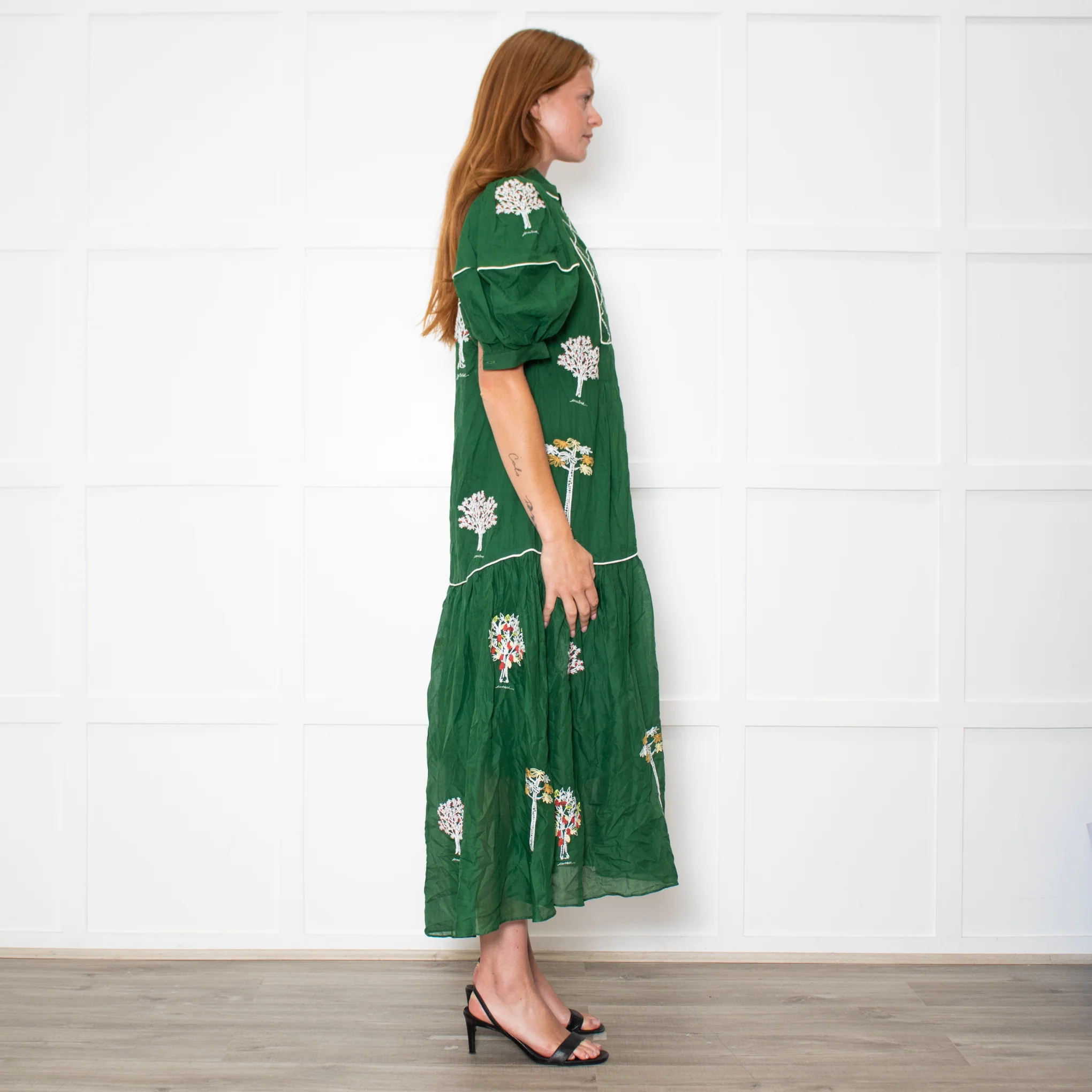 Farm Rio Green Short Sleeve Embroidered Trees Midi Dress - Image 6